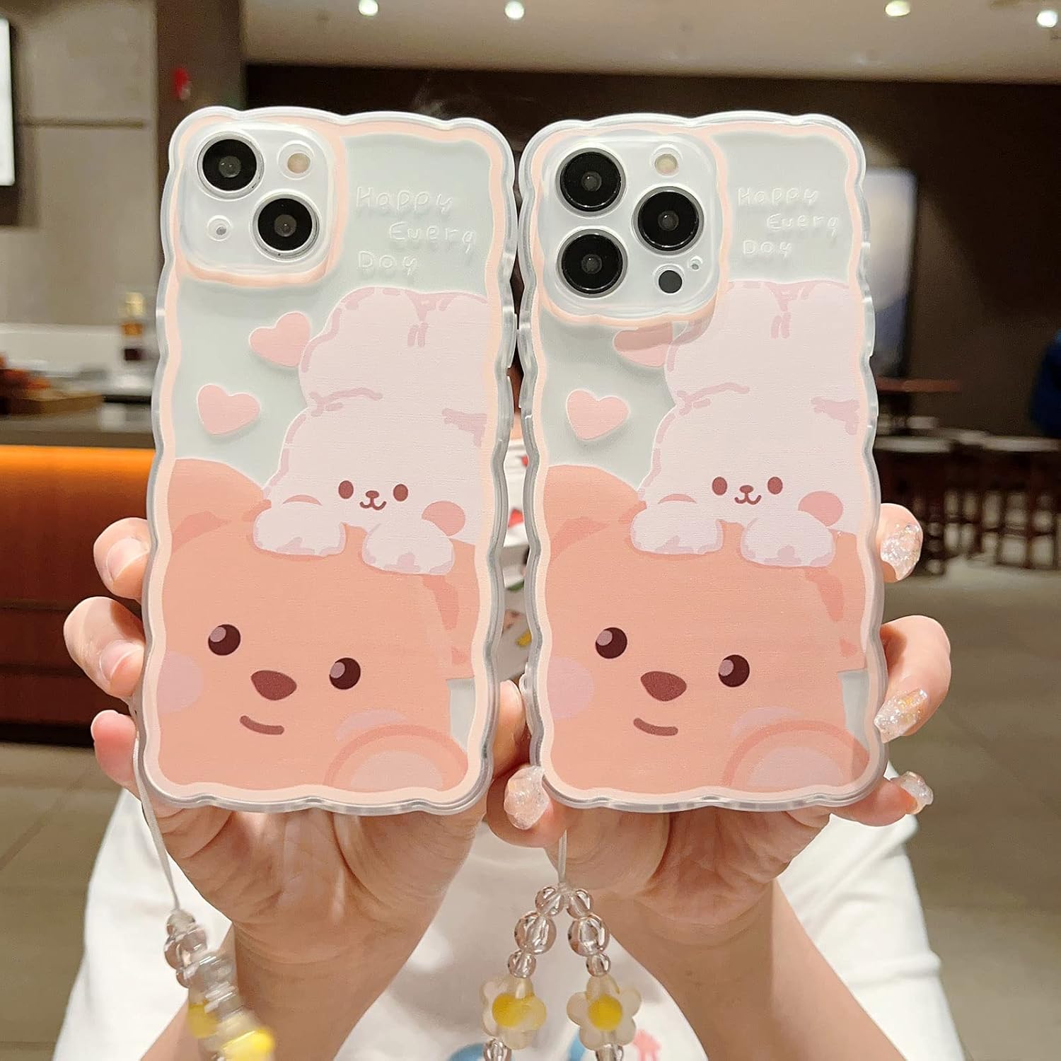 Compatible with iPhone 14 Pro Max Case Clear Cute Cartoon Little Bear Rabbit Pattern with Cute Chain Design for Women Girls Aesthetic Kawaii Slim Soft TPU Case for iPhone 14 Pro Max-Bear Rabbit image 5