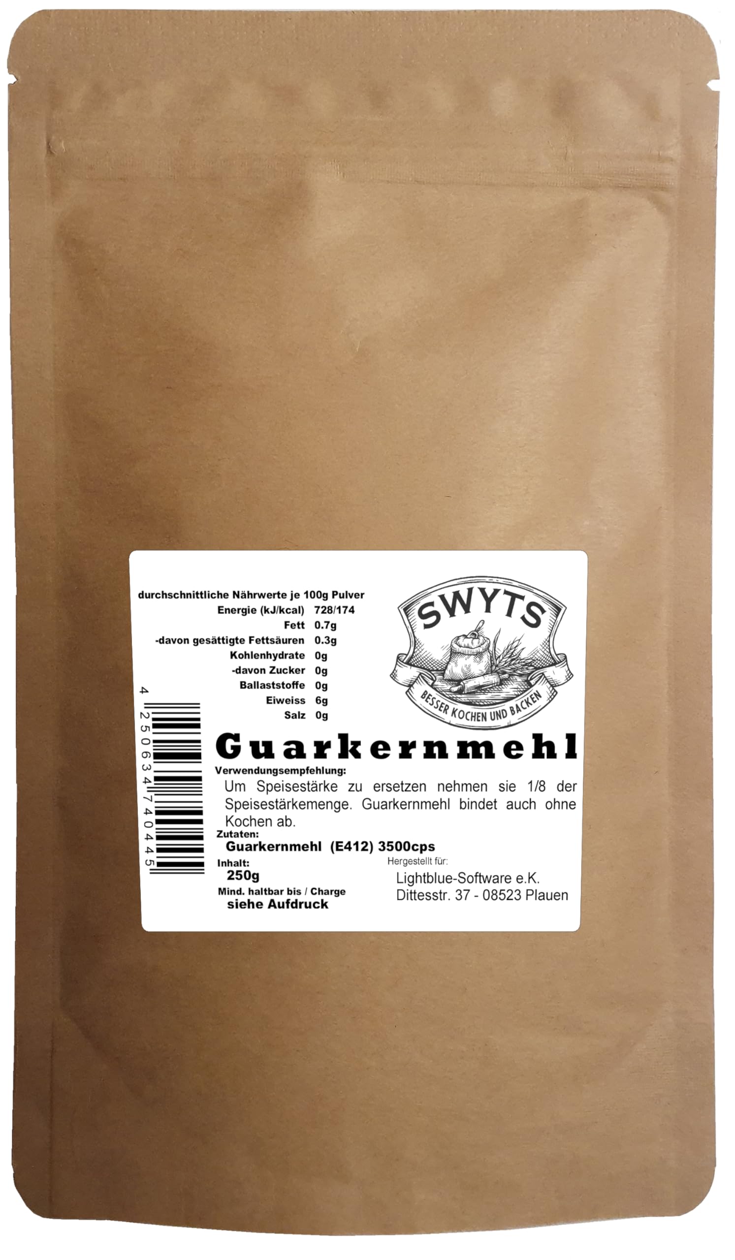 250g Guarkernmehl (E412) Bindemittel mit 3500cps Verdickungsmittel für Eis, Desserts, Soßen, Marmelade, Backen - werde zum Profi in deiner Küche mit der Qualität von SWYTS - mind. 12 Monate MHD