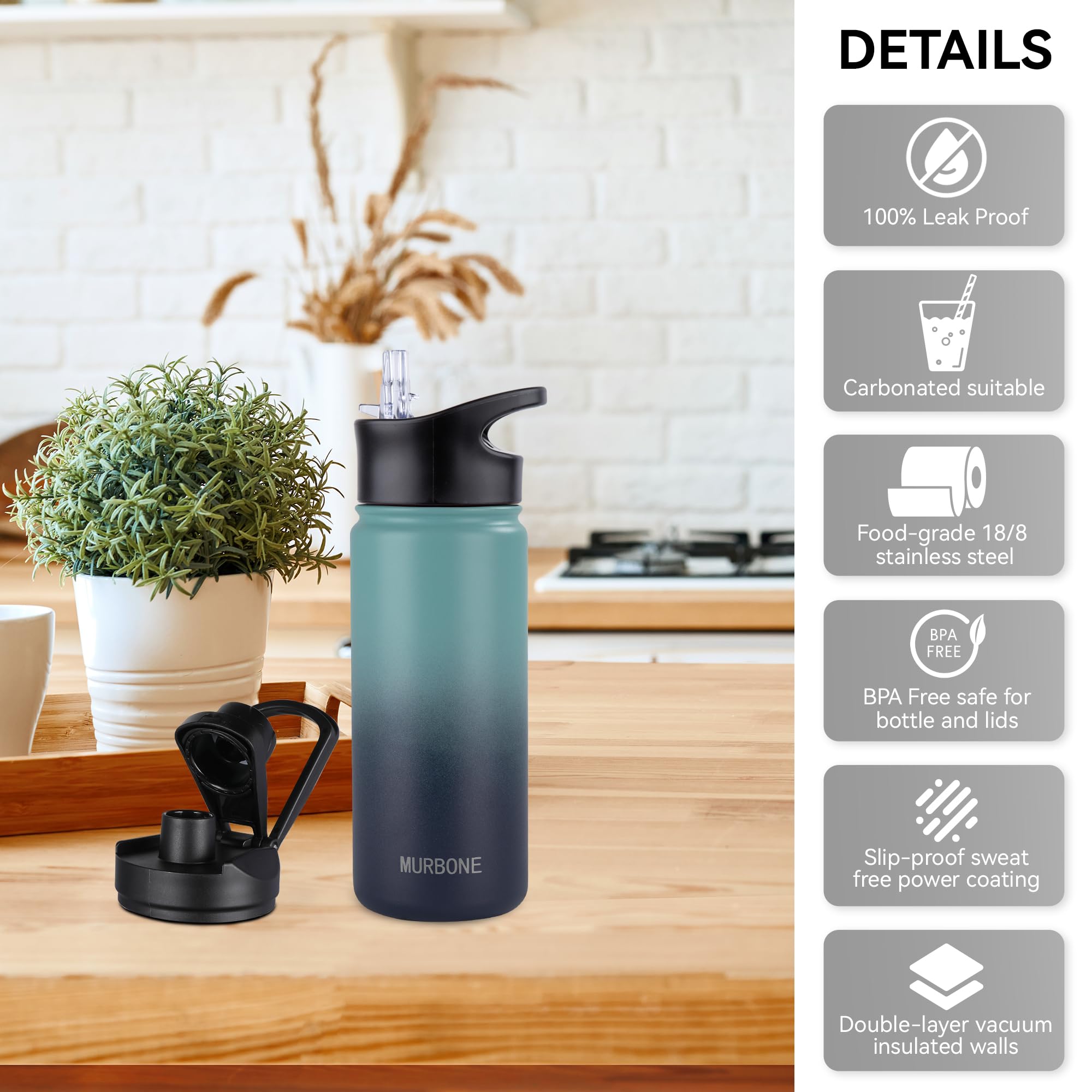 MURBONE Insulated Water Bottle, 500ml Stainless Steel Drink Flask with Straw, BPA Free, 2 Lids (Straw Lid and Spout Lid) - Image 4