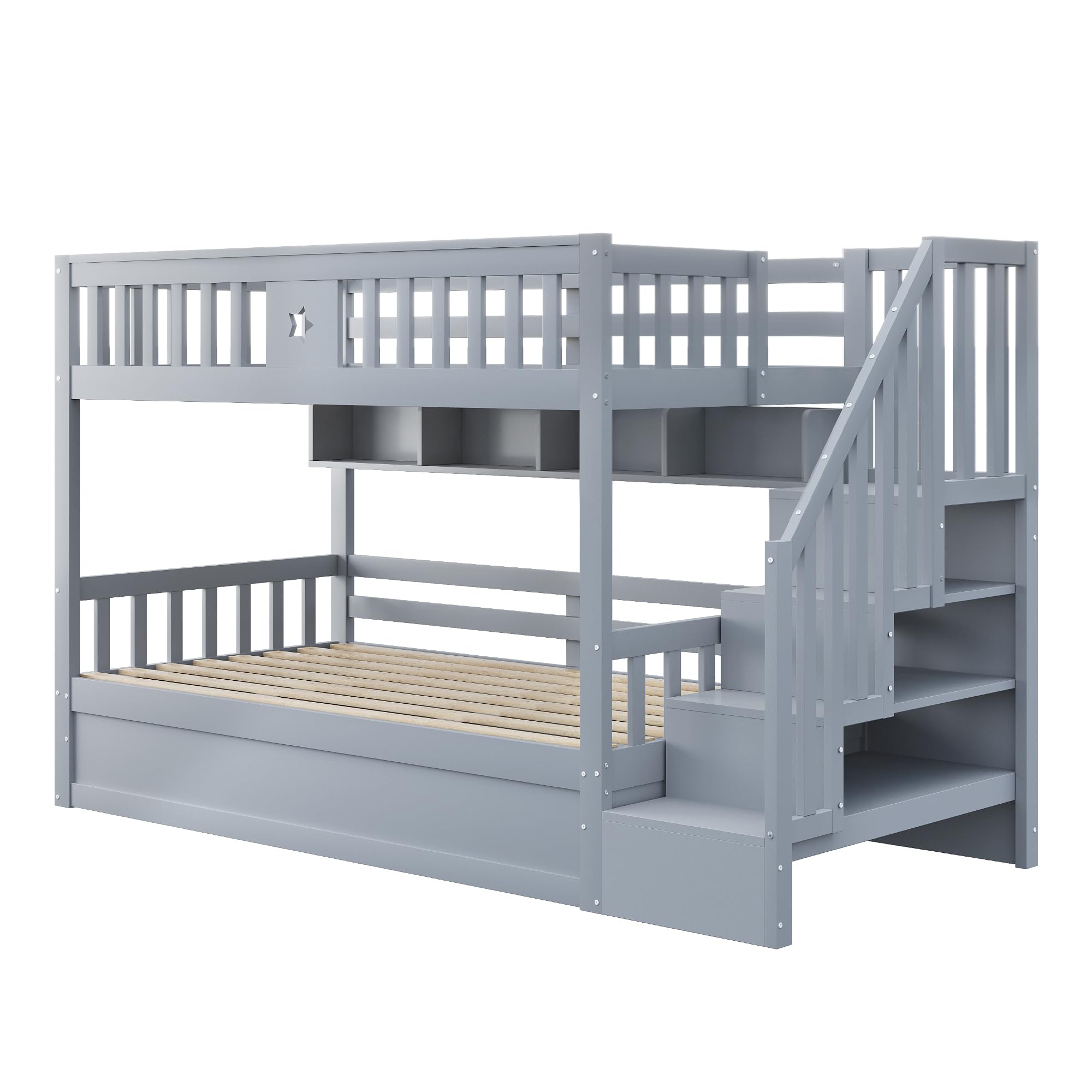 Su & Chan Legence Etagenbett 90x200cm mit hydraulischem Unterbett, Kinderbett mit Stauraumtreppe und Regalen, Holzbett mit Rausfallschutz für 2 Kinder, Grau