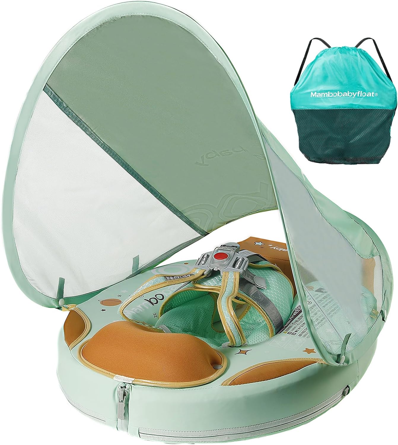 Mambobaby Float with Canopy & Portable Backpack Skin-friendly Baby Swim Float with Tail Waterproof Non-Inflatable Mambo Float Smart Swim Trainer Soft Solid Infant Pool Float 3-24 months Baby Swim Ring
