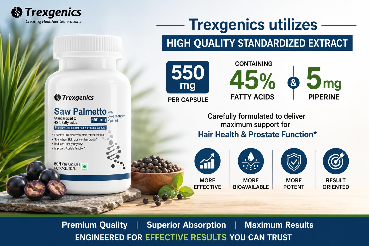 Trexgenics SAW PALMETTO Advanced - High Strength 45% Complex 550 mg with Bio-enhancer Piperine - Hair DHT Blocker & Prostate Support (60 Veg. Capsules) (1) 2