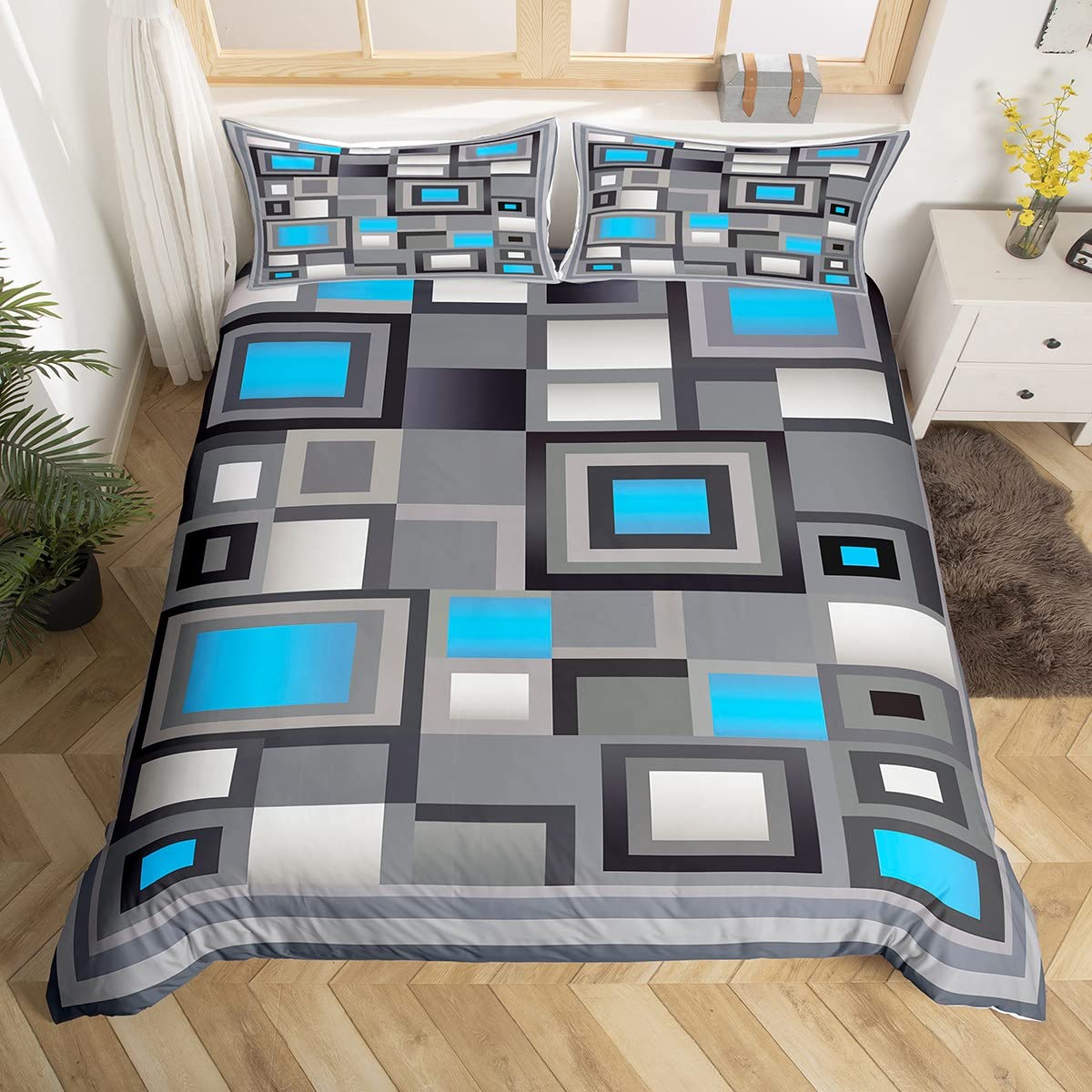 feelingyou Teal Duvet Cover,Teens Modern Squares Design Bedding Set,Geometric Grid Comforter Cover for Women Young Man Room Decor,Abstract Lightweight Bedspread Cover Single Size with 1 Pillow Case