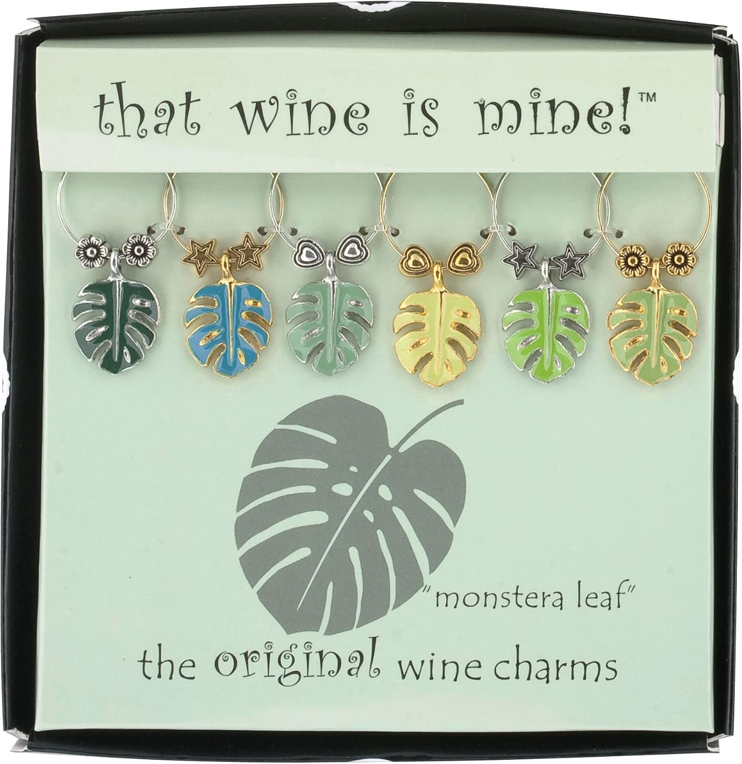 Wine Things Monstera Leaf Wine Charms, Zinc Alloy Wine Glass Tags for Stem Glasses, Drink Markers Identifiers for Parties, Tastings, and Entertaining, Multicolor, Set of 6