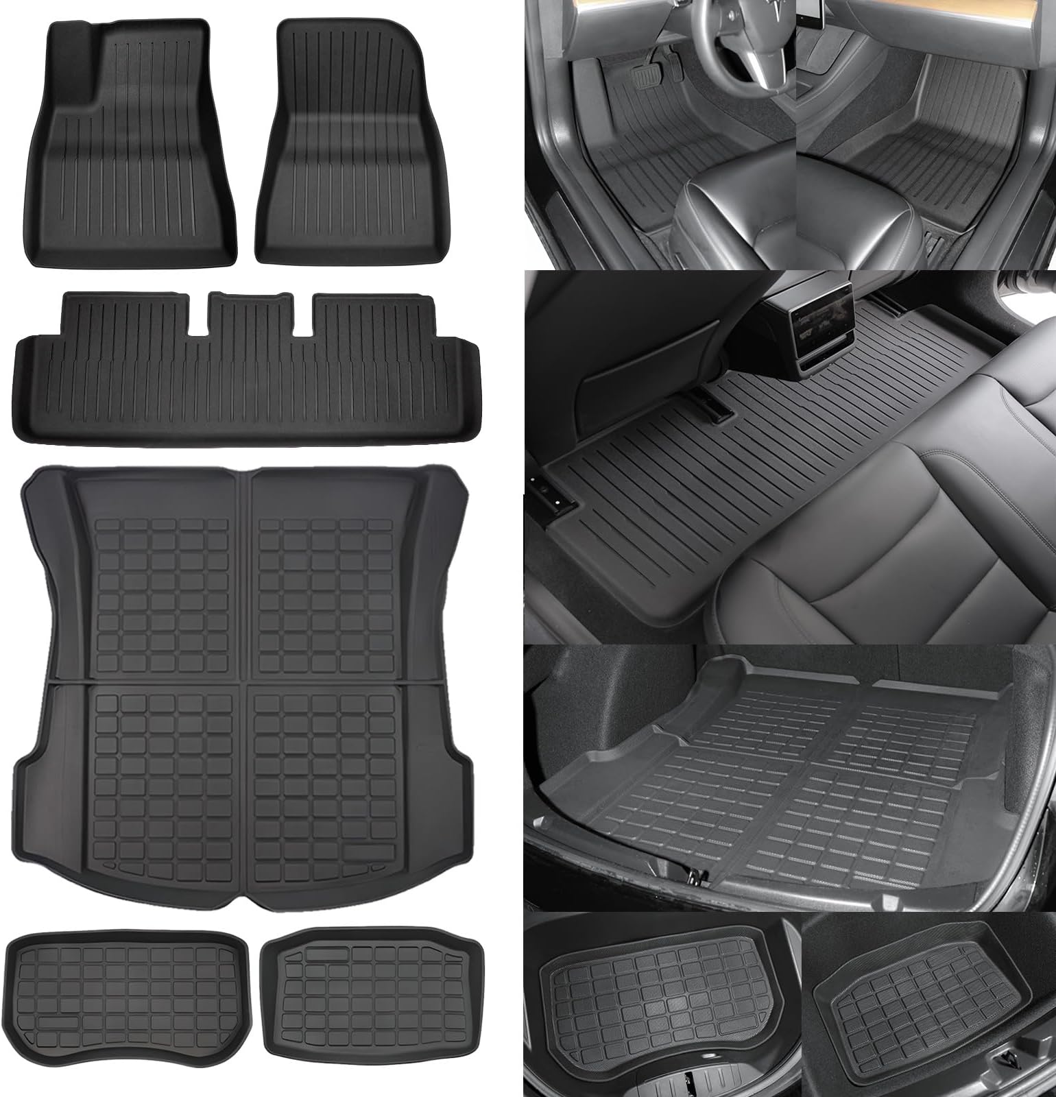 SUPER LINER Tesla Model 3 Floor Mats 2021 2022 2023 All-Weather Floor Mats Set (6 Pieces) | Custom Fit, Pet & Child-Friendly | Tesla Model 3 Cargo Liner Rear Cargo Tray Trunk Interior Accessories
