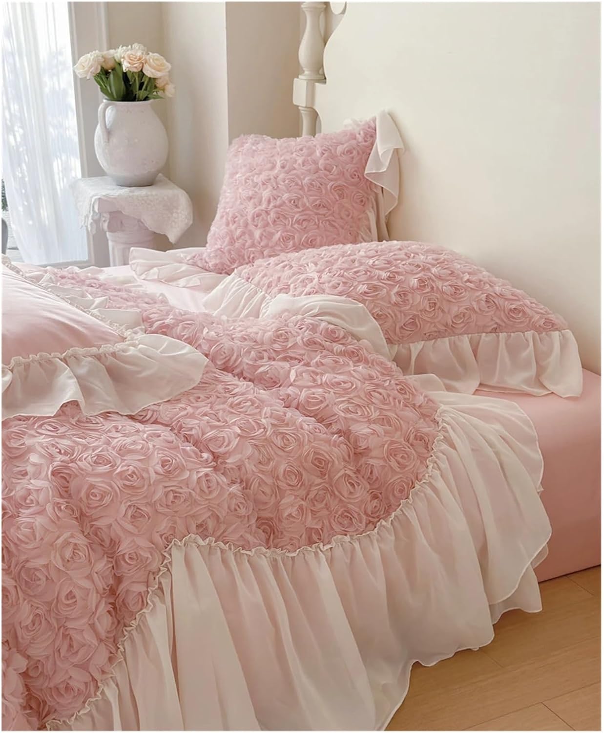Pink Three-Dimensional Rose Flowers Lace Ruffles Patchwork Duvet Cover Bed Sheet Pillowcases 1200TC Egyptian Cotton Bedding Set,Bed