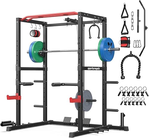 Miniatura 12 de Sportsroyals Jaula de Potencia, Rack de Potencia Multifuncional de 1600 libras con Sistema de Cruce de Cable Ajustable y Más Accesorios de Negro