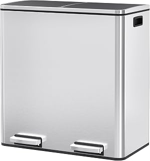 Arlopu Dual Trash Can, 2 x 8 Gallon (2 x 30 L) Hands-Free Trash and Recycle Bin Combo, Stainless Steel Kitchen Garbage Can with Soft-Close Lid, Removable Inner Buckets, Step Pedal, Airtight (Silver)
