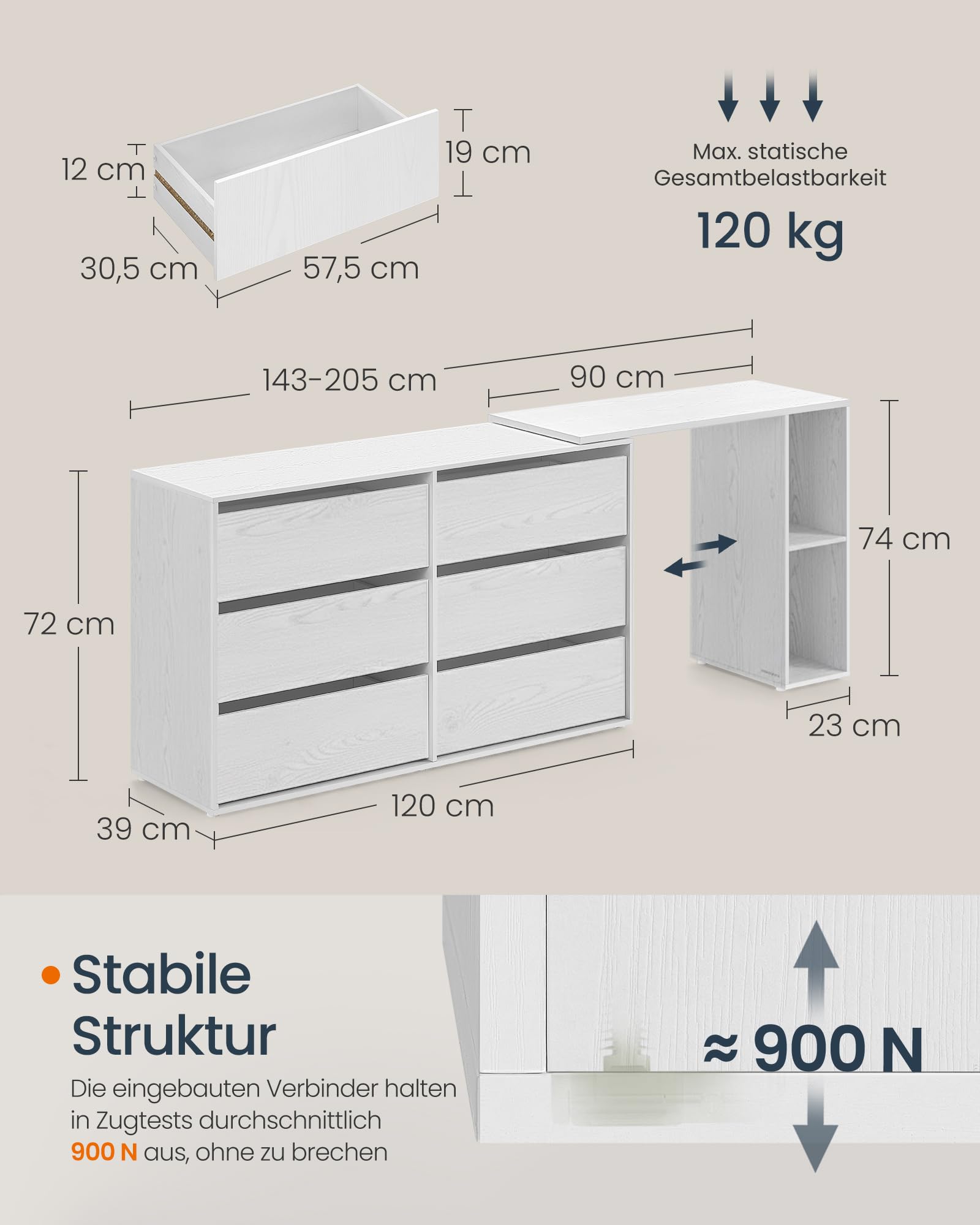 SONGMICS HOME Schminktisch, superschnelle werkzeuglose Montage, Toolless-Technologie, Kommode mit Regal, Schrank, nebeneinander oder L-förmig, für Schlafzimmer, Arbeitszimmer, schneeweiß LTS656W01