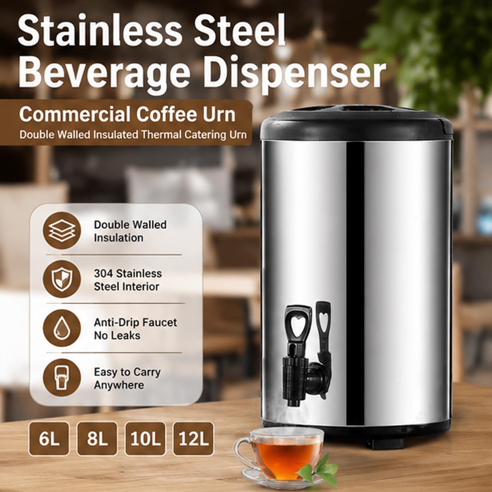 Dispensador de bebidas de acero inoxidable de 8 l con espiga, urna de café comercial y caldera de agua caliente, urna térmica de catering con aislamiento de doble pared, para bebidas frías y cali 12L