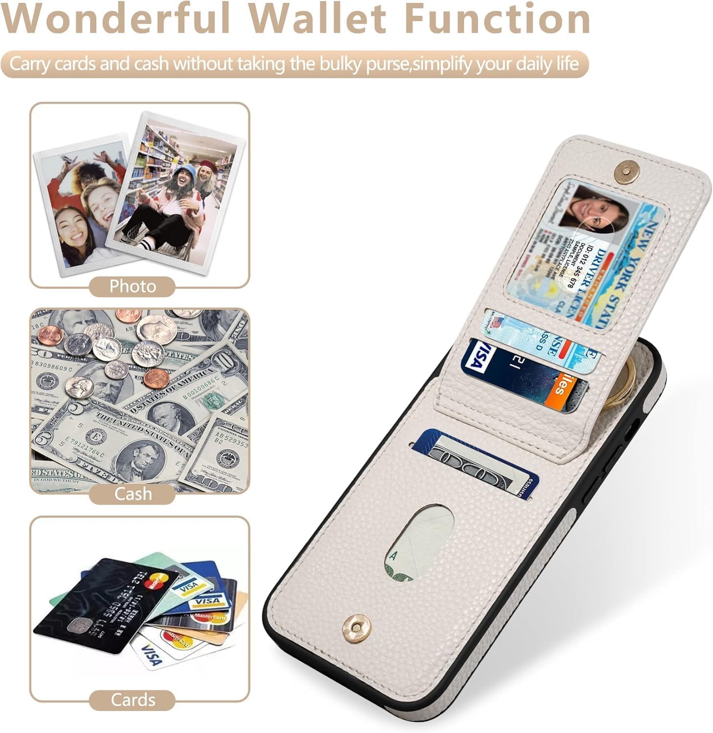 Keallce Case for iPhone 16 Pro 6.3'', Detachable Crossbody Case Wallet with RFID Blocking Card Holder, 360ーRing Stand, Folio Leather iPhone Cover Lanyard Strap Lady for iPhone 16 Pro 2024 5G, White - Image 3