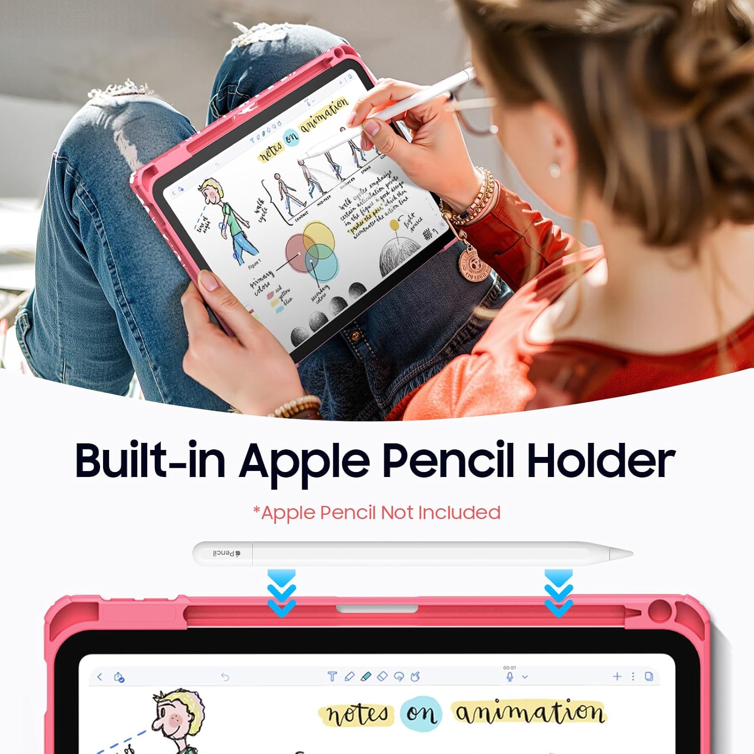 Fintie Hybrid Slim Case for iPad (A16) 11th Generation 11 Inch (2025), iPad 10th Generation 10.9 Inch (2022) - Shockproof Cover with Clear Transparent Back Shell & Pencil Holder, Composition Book Pink - Image 6