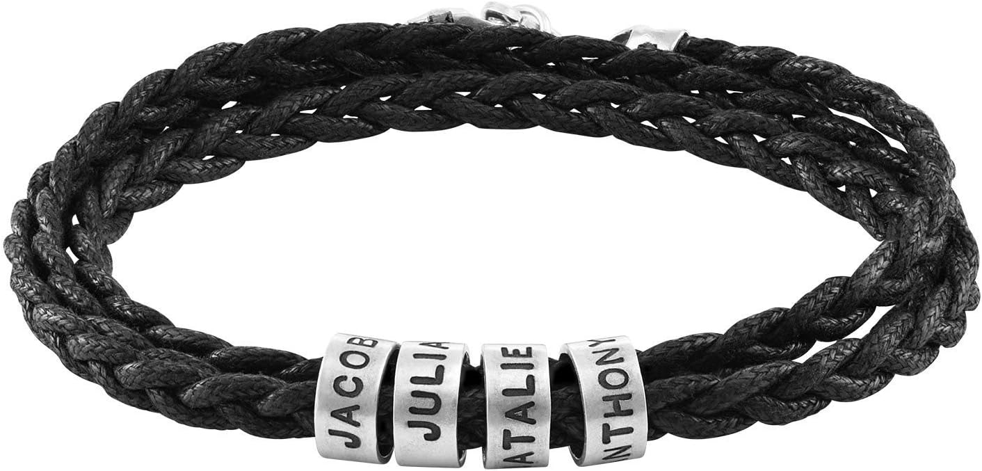 MyNameNecklace Personalized Braided Leather Bracelet with Silver or Gold Beads for Him, Men - Custom Gift for Father's Day - Genuine Leather - Engraved Sterling Silver or 14K Solid Gold Beads