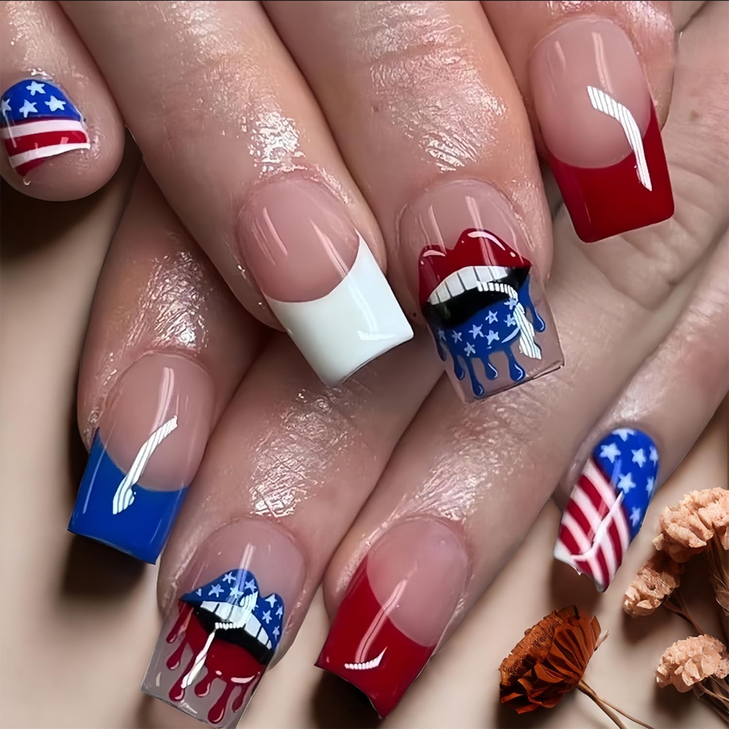 Patriotic 4th of July False Nails Medium Square Independence Day Press on Nails American Flag Lips Design Fake Nail Glossy Colorful French Tip Glue on