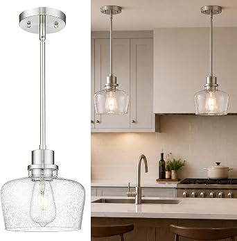 Emak 8 Inch Pendant Lights Kitchen Island, Modern Brushed Nickel Pendant Light Fixtures with Seeded Glass Shade, 1 Light Hanging Light for Kitchen Island, Dining Room, Bathroom, Bedroom, PL122-BN