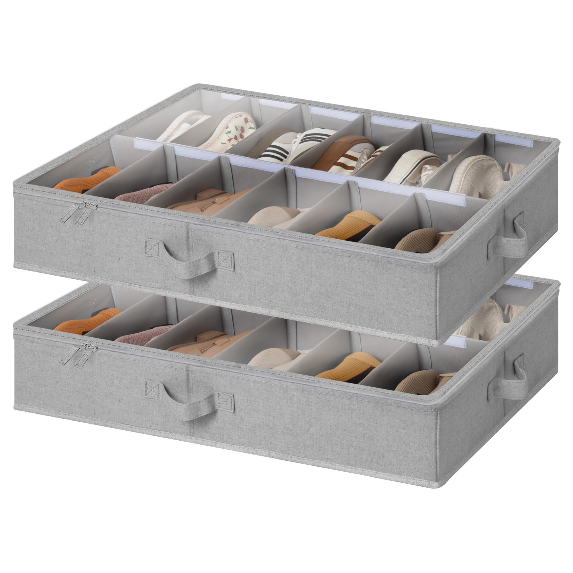 StorageWorks Under Bed Shoe Storage Organiser, Space-Saving Under Bed Storage Fits up to 24 Pairs, Underbed Shoes Container with Adjustable Dividers, Shoe Storage Boxes with Cover, Grey, 2-Pack