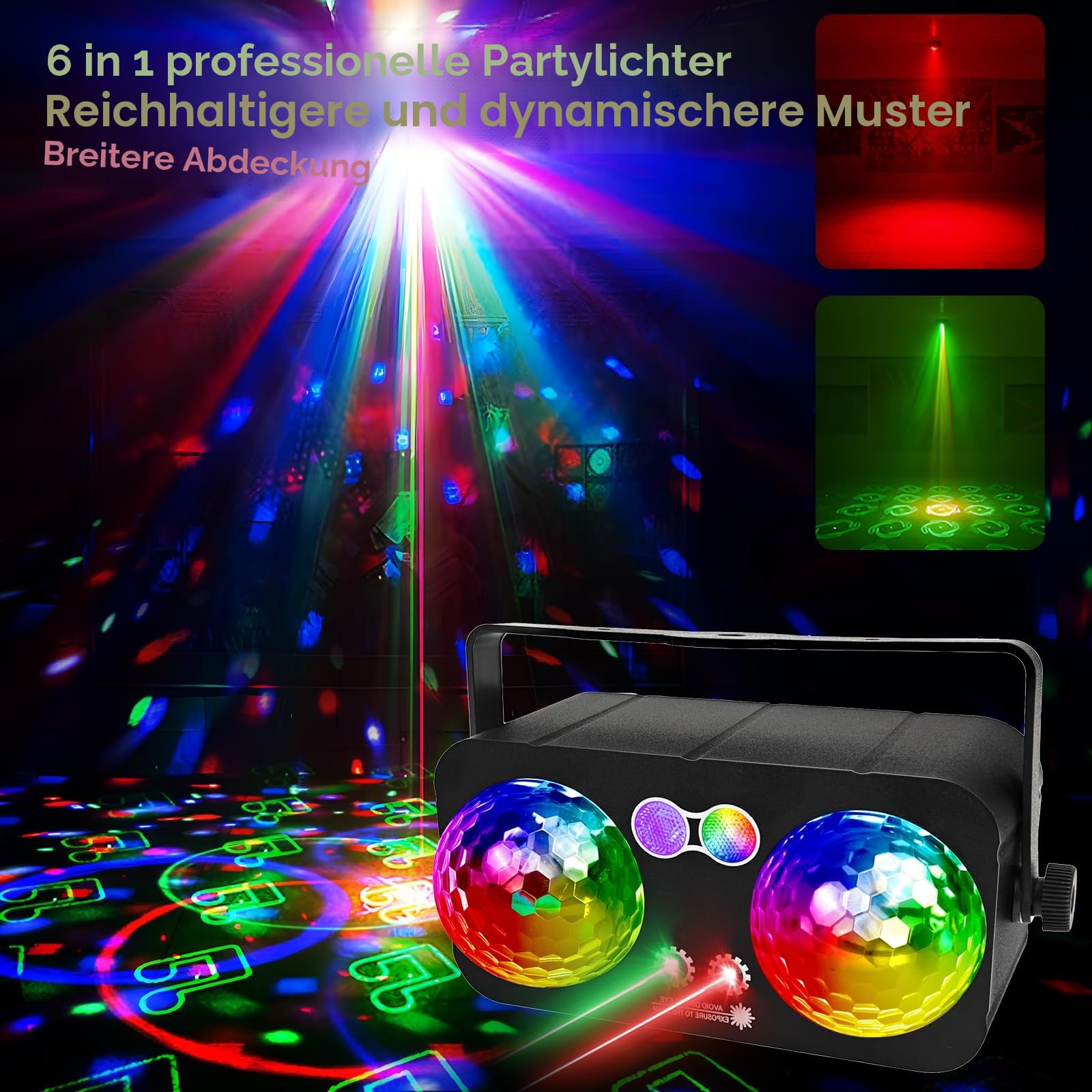 6 in 1 Discokugel Discolicht Partylicht Soundaktivierte LED, Buntes DJ-Stroboskoplicht für Innenräume, Tanzpartys, Geburtstage, Rave, Heimclub, Karaoke, Outdoor-Bühnenlichter