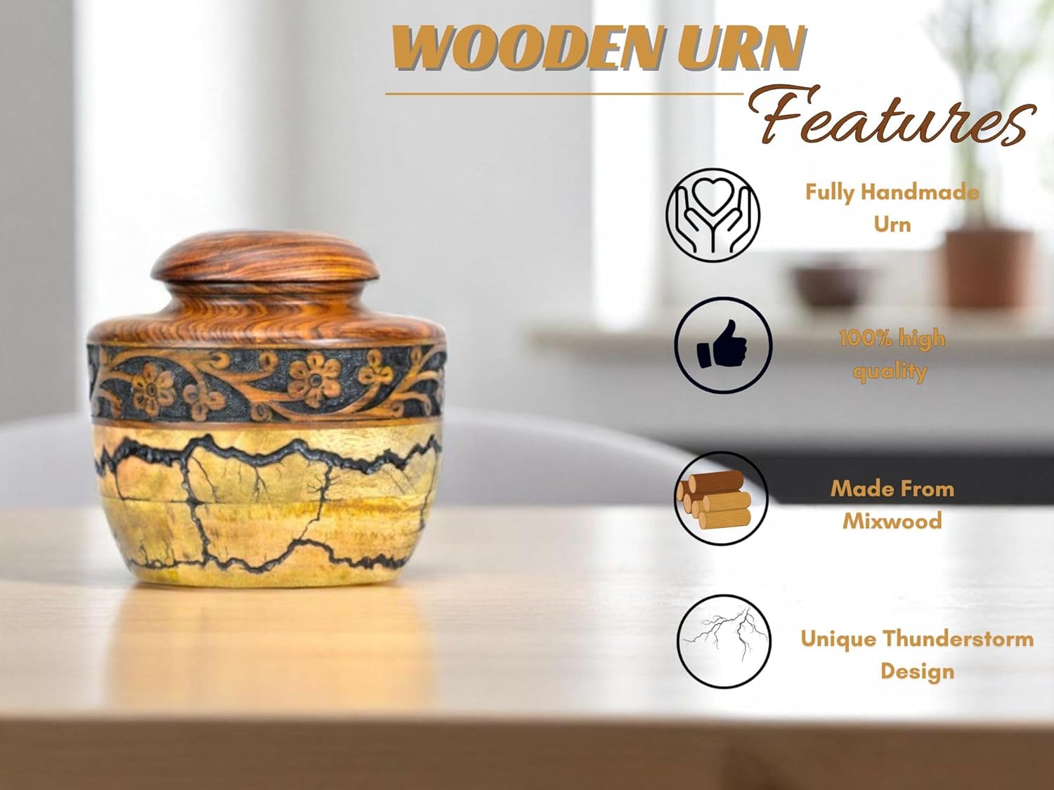 Cremation Urn for Human Ashes Keepsake with Threaded Lid - Funeral Memorial Urns for Ashes - Natural Mix Wood Burning Urn