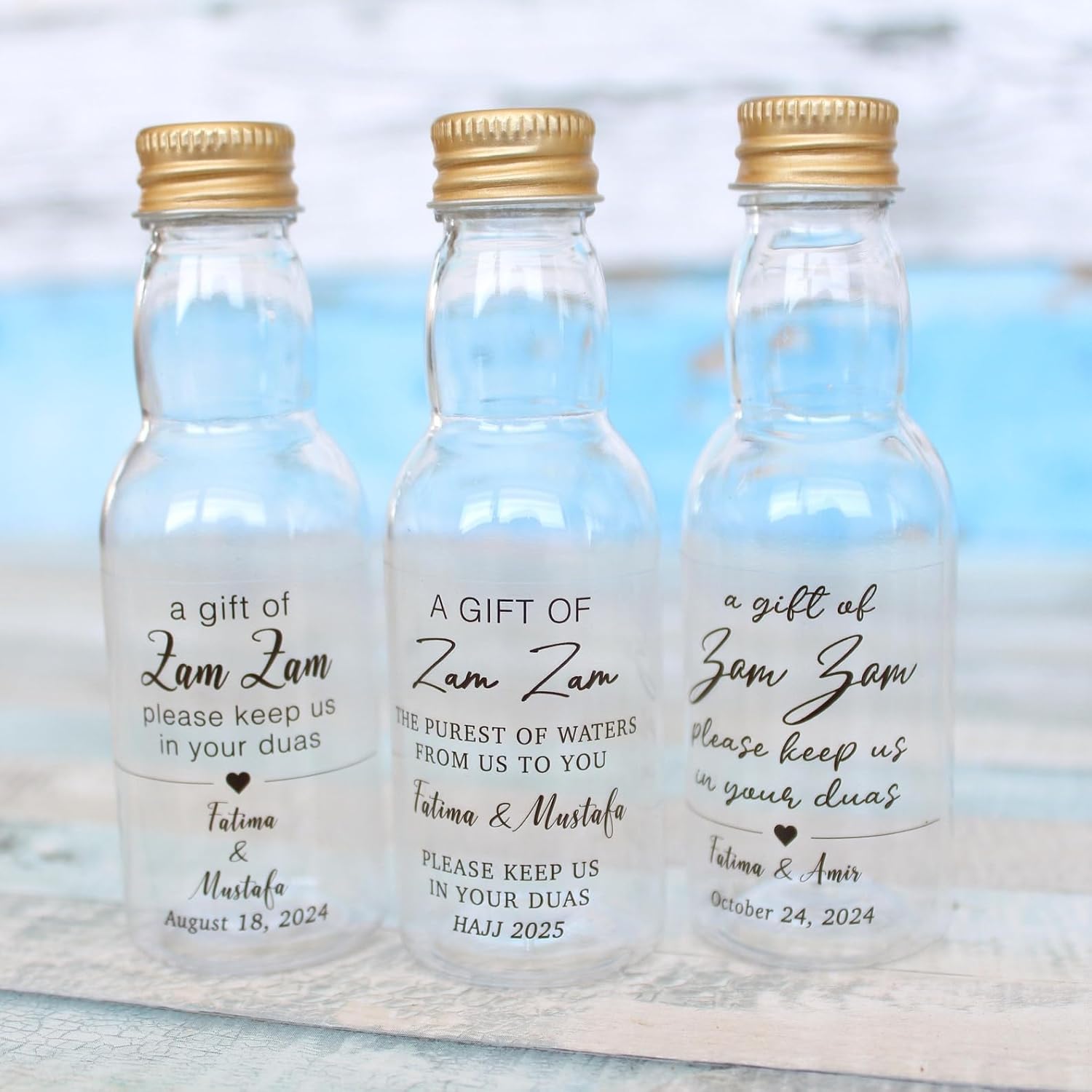 Personalized Empty Zem Zem Water Bottles with Custom Labels - 40cc (1.35 oz) Mini Plastic Bottles for Islamic Wedding, Nikkah, Hajj, Umrah Gifts - Gold, Silver, Black, Cork Cap Options (Set of 40)