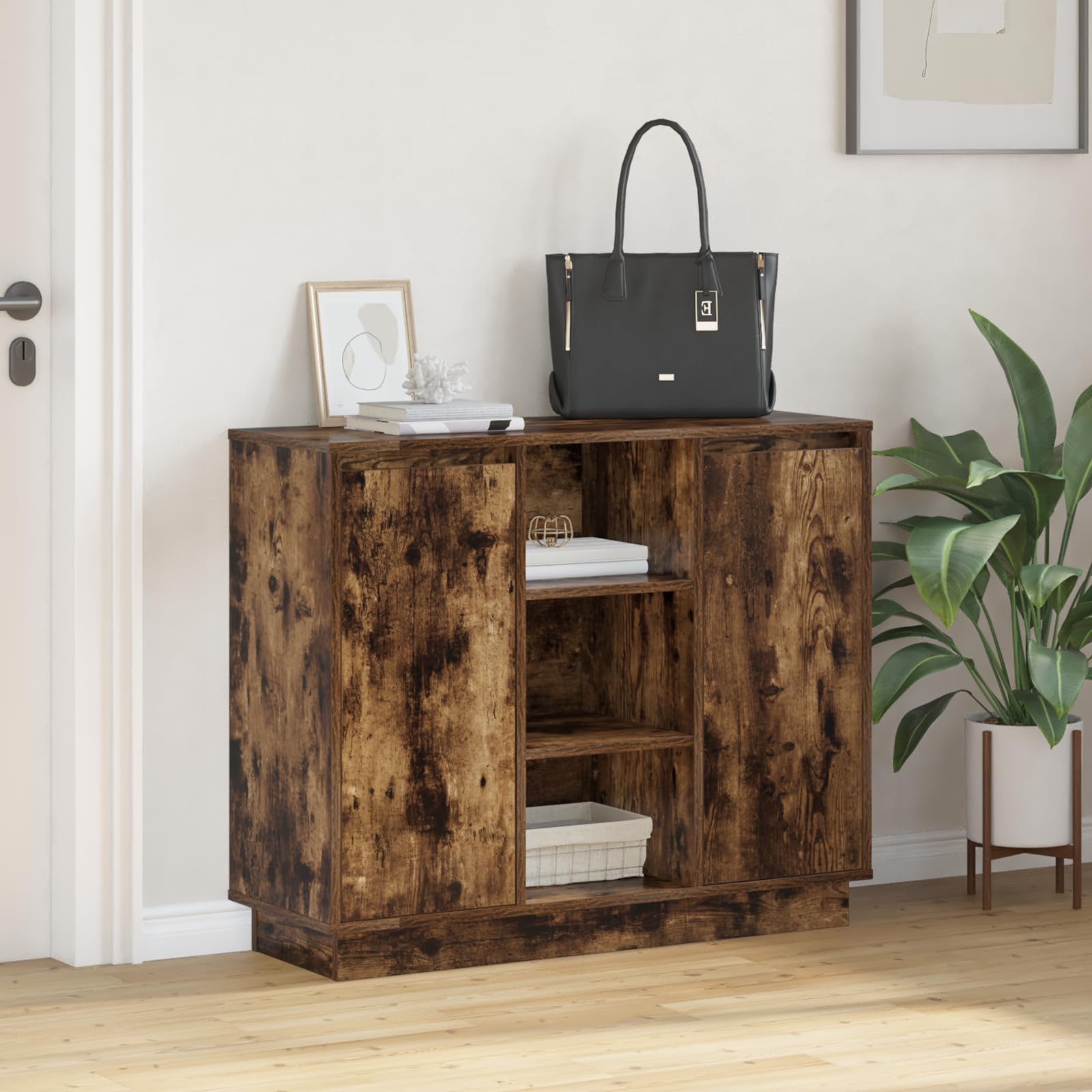 Rauchoak Nachttisch mit zwei Regalen und drei Fächern aus massivem Eichenholz für Schlafzimmer und Wohnraum, modernes Design mit hoher Funktionalität und Stauraum