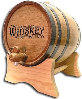 2 Gallon Whiskey Aging Barrel (10 Liter) with Wood Stand, Bung and Spigot - 10L Mini Charred Oak Barrels for Aging Whiskey, Bourbon, Cocktails and More! Laser Engraved Whiskey Barrel Design (B511)