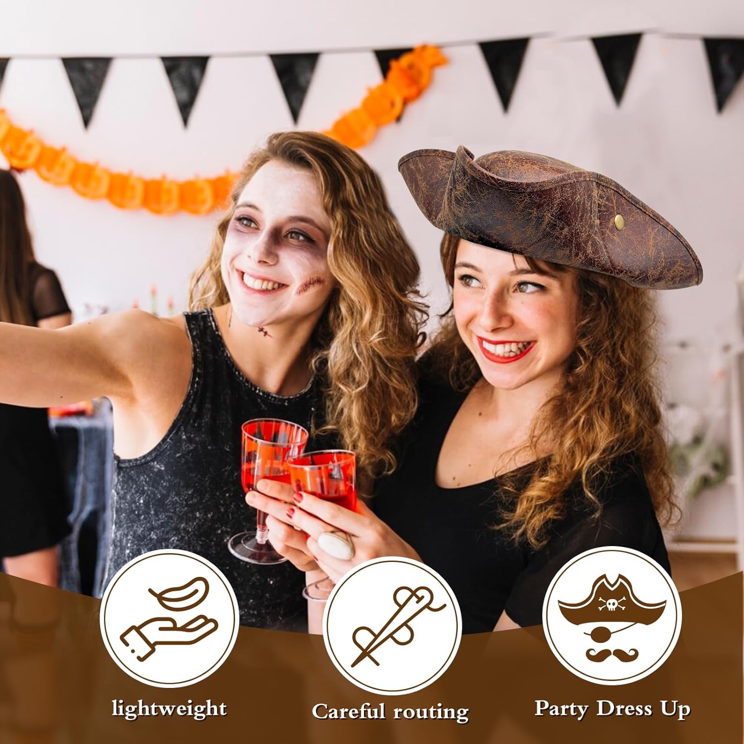 Novelty Faux Leather Pirate Hat,Brown Faux Leather Hat,Tricorn Pirate Hat for Adult Men Women,Halloween Pirate Costume Accessories - Image 5