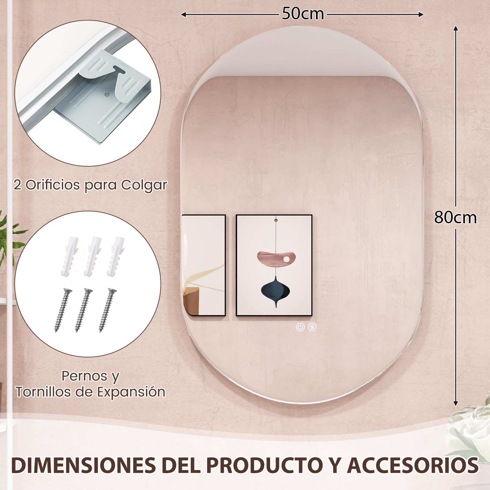 RELAX4LIFE Espejo de Baño 80x50 cm con Botón Táctil y Función Antivaho, Espejo con Luz LED de 3 Colores, Brillo Ajustable y Película a Prueba de Explosiones, Espejo sin Marco (Redondo)