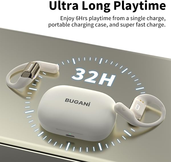 BUGANI Open Ear Headphones, Bluetooth 5.2 Open Ear Earbuds with Microphone, ENC Clear Talk, Immersive Stereo Sound, Fast Charging, 32H Playtime, Waterproof, White - 4
