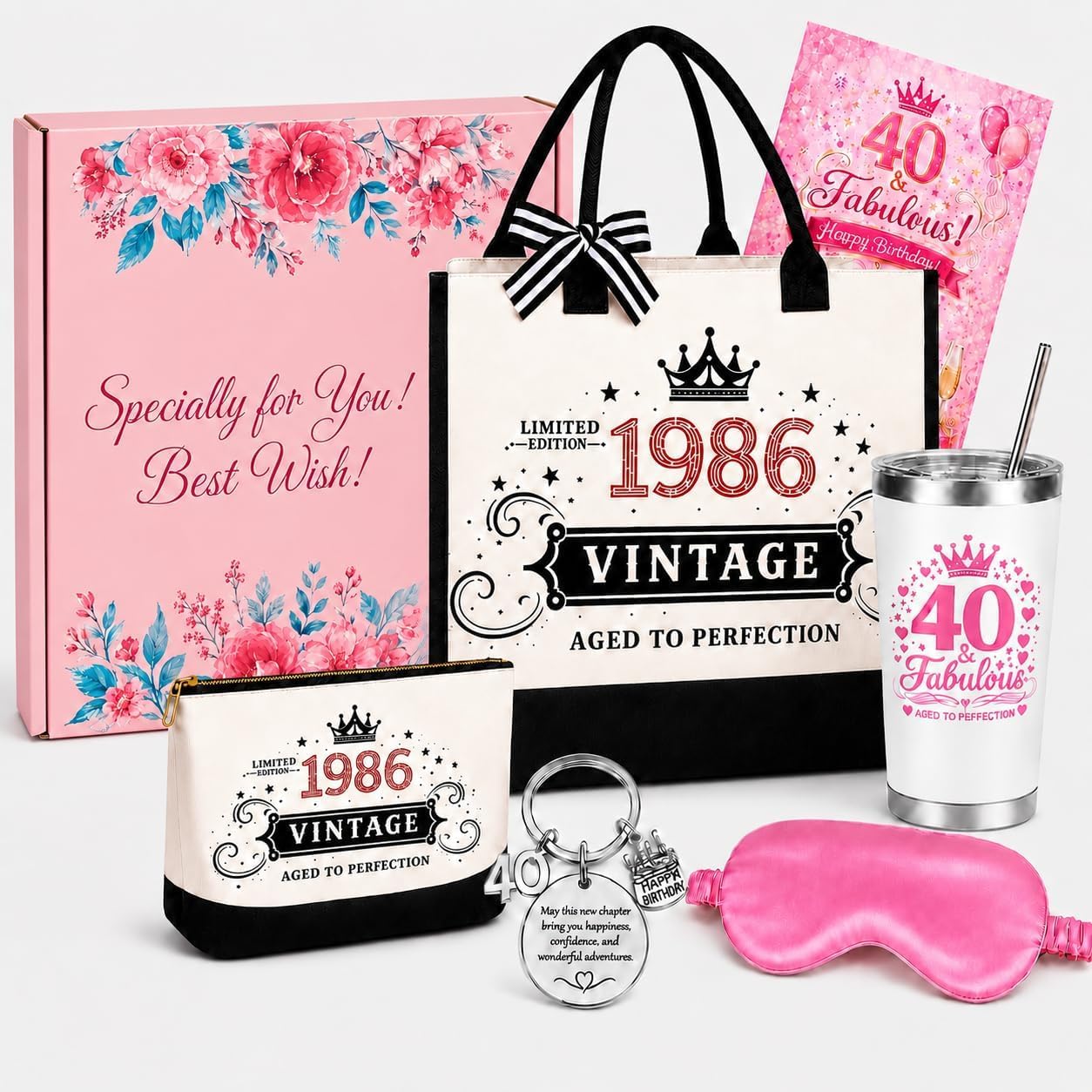 Dasnialer 40th Birthday Gifts for Women with 20 Oz Stainless Steel Tumbler, Vintage 1986 Canvas Tote Bag, Cosmetic Bag, Birthday Card, Keychain, Eye Mask Pink Gift Set