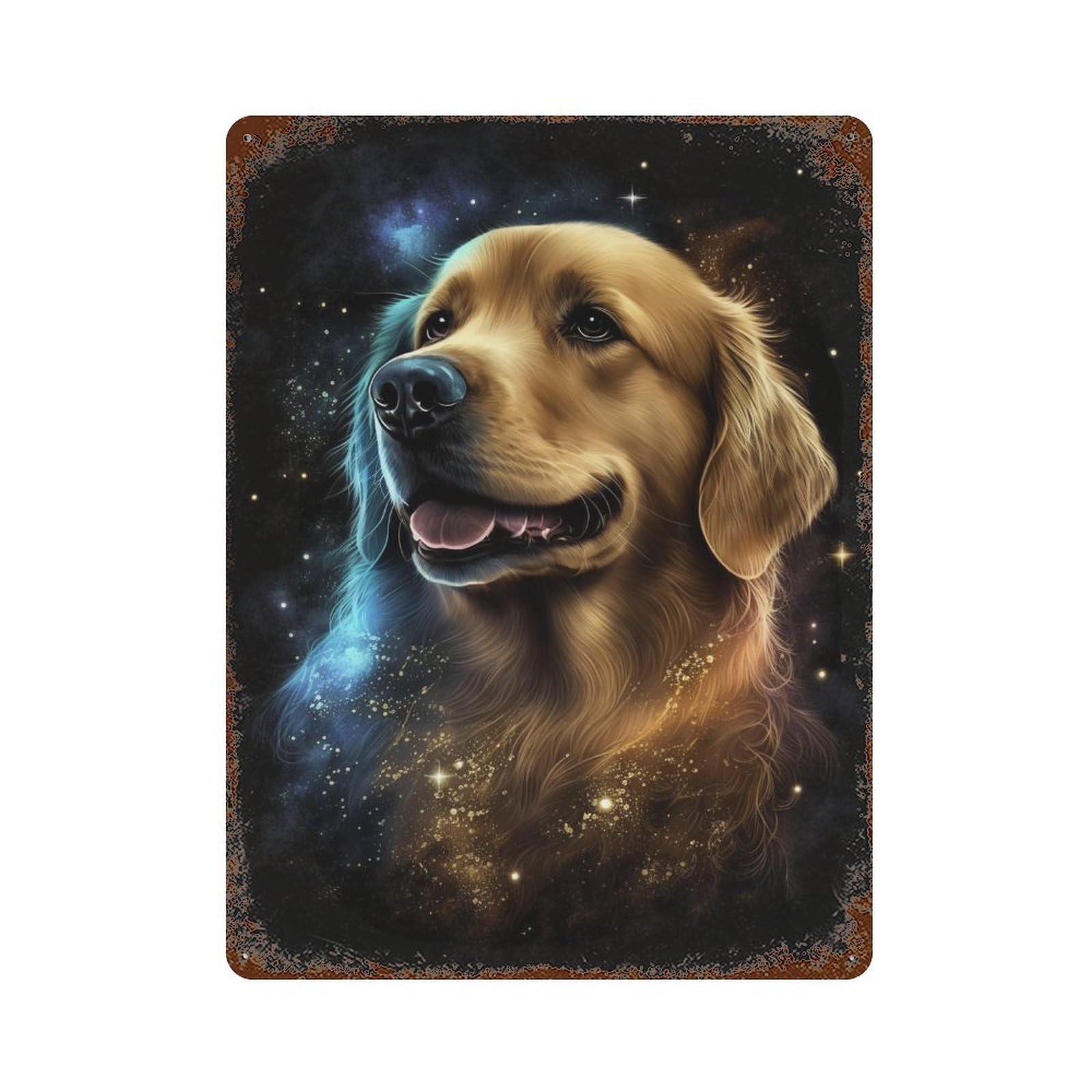 Golden Retriever Galaxy Art Print-6 Vintage Wall Sign 15.7"x11.8", Rust Effect Metal Decor for Shed, Workshop And Garage Wall Decor