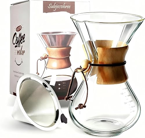 Subjectthree - Juego de cafetera para verter sobre 8 tazas, jarra de café de vidrio con filtro inoxidable para camping, hogar, oficina, cafeterías,