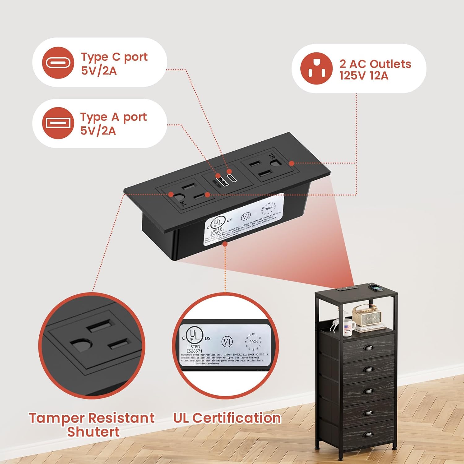 5-Drawer Dresser with Charging Station & Voice Control LED Light, Modern Bedside Table with USB/Type-C Ports, Tamper-Resistant Outlets & Open Shelf, Black Smart Nightstand for Bedroom Storage