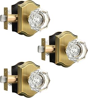 Gobrico Octagonal Crystal Passage Knobs, Antique Brass, 3-Pack