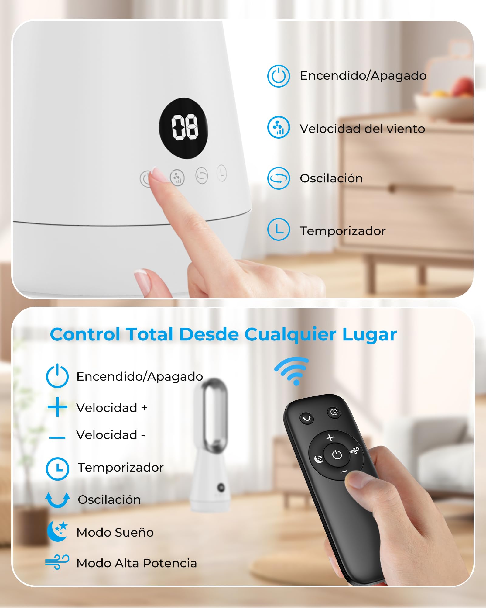 Ventilador de Torre Silencioso sin Aspas,Ventiladores Aire Frio con 8 Velocidades,2 Modos(Sueño,Viento Fuerte),Oscilación 80°,Temporizador 9h,Mando a Distancia,Pantalla LED,32dB Bajo Nivel de Ruido