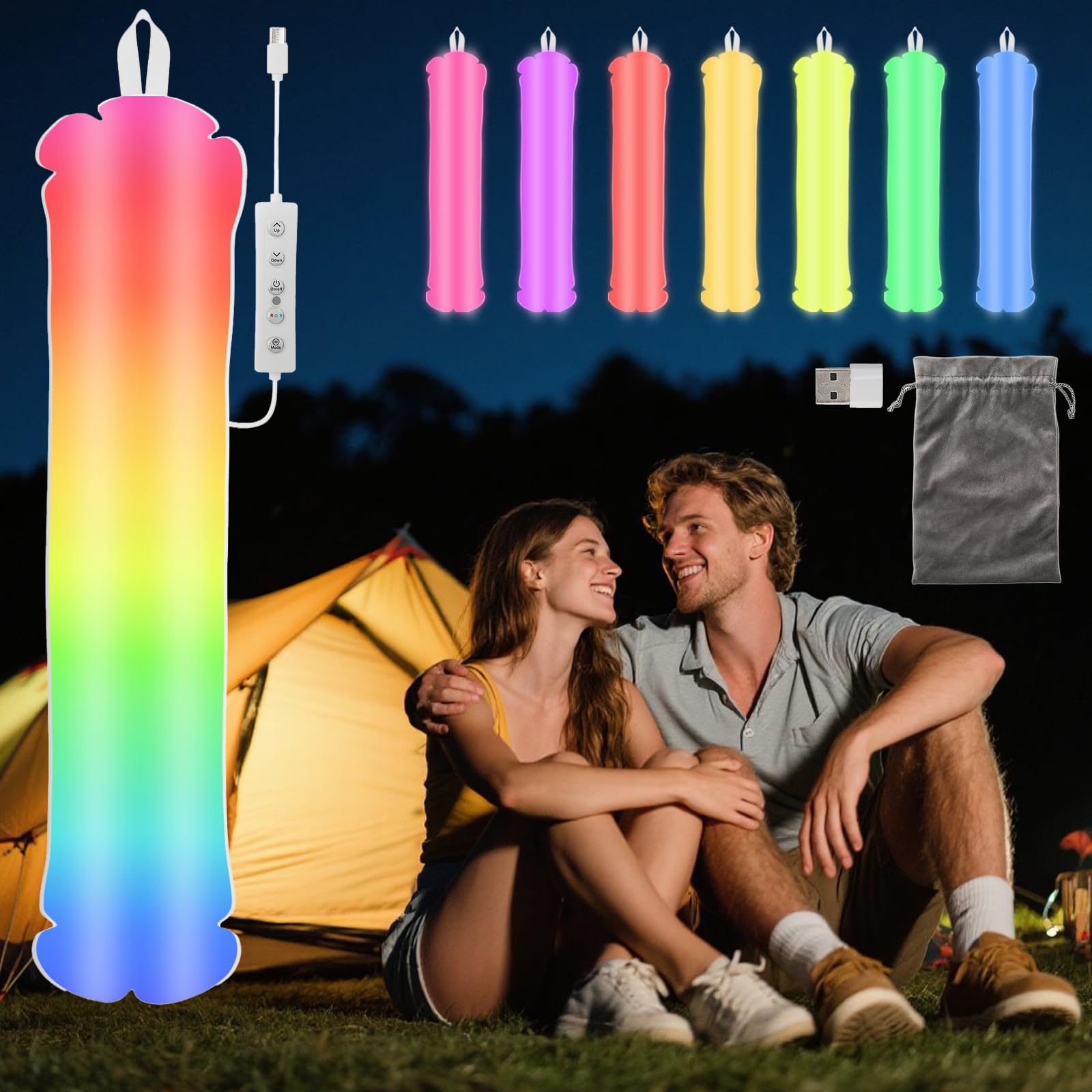 Buithafu Inflatable Camping Lamp, 10W Tube Light with 5 Colors + RGB LED Video Light a Type-C Port and Comes with USB-A,for Camping, Hiking, and HomeLed Video Lights