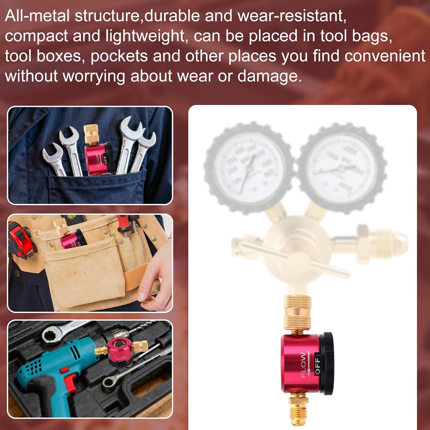 HVAC Nitrogen Purge Tool, Premium Brass Nitrogen Regulator Durable Braze Cleaning Tool Accessories Equipment for AC Refrigerant Purging & Pipe Protection (Red)