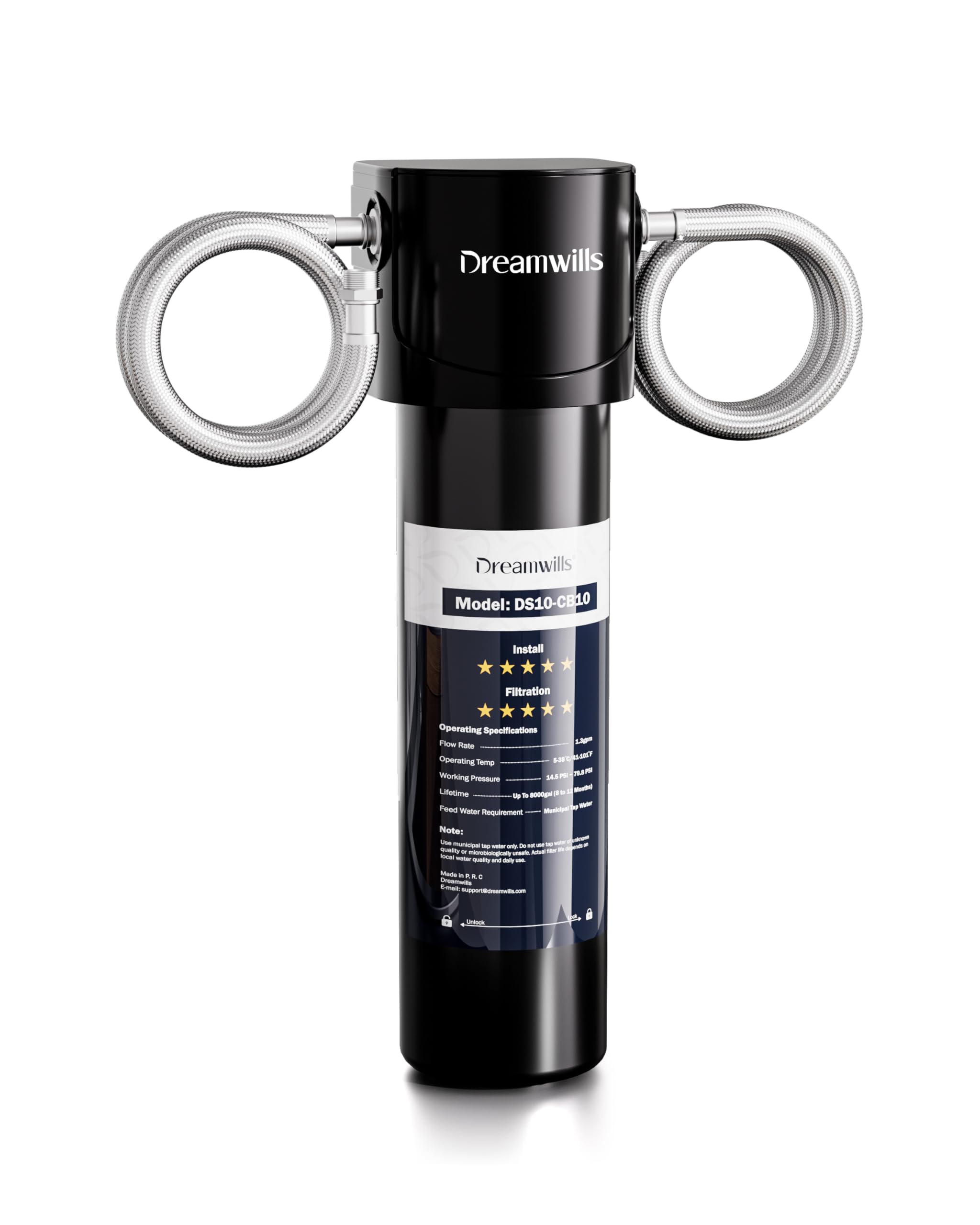 Dreamwills DS10 Under Sink Water Filter System, 1.3 GPM Direct Connect Kitchen Faucet Filtration, 3-Minute Tool-Free Install, Reduces Lead, Chlorine,