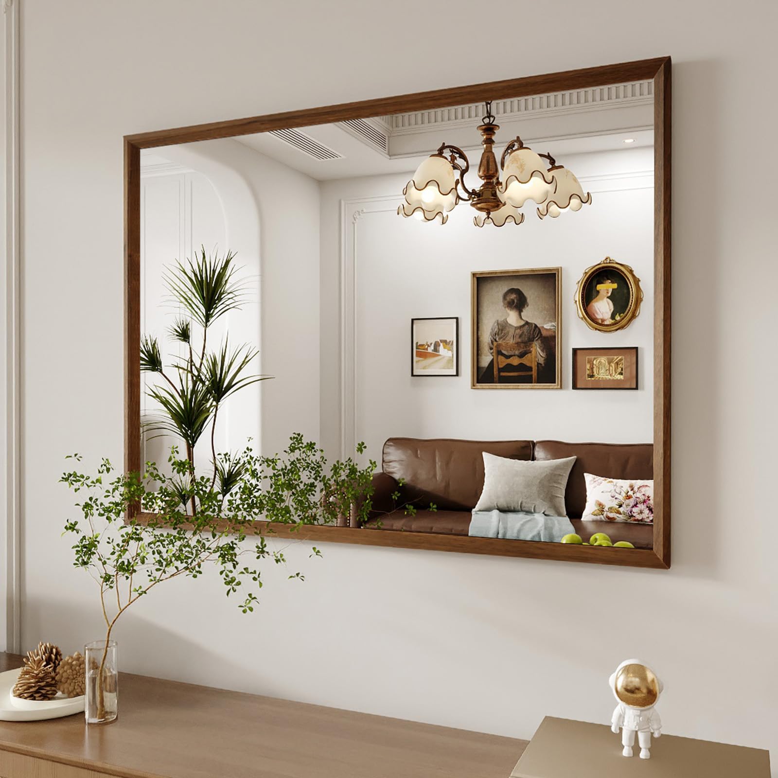 WEER Bathroom Mirror, 40x30 Inch Wall Mirror, Walnut Wood Grain Framed Mirror, Rectangle Vanity Mirror, Tempered Glass, Anti-Rust, Hangs Horizontally or Vertically