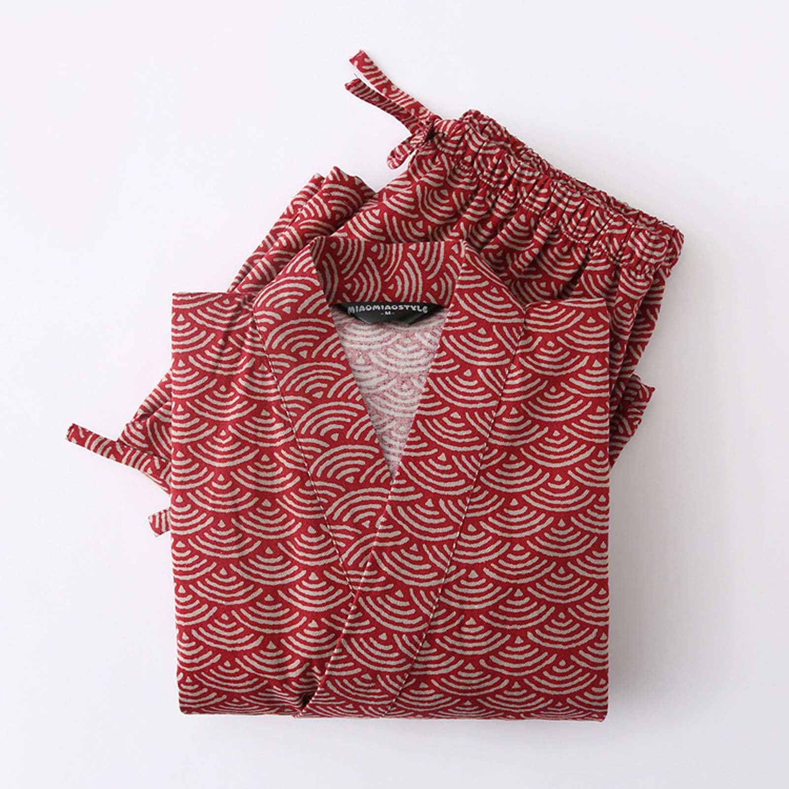ZEALMAX Kimono japonés Camisa y Pijama Corto para Mujer, Ropa de Descanso de algodón, Conjunto de Bata de baño, Olas Rojas, Talla única