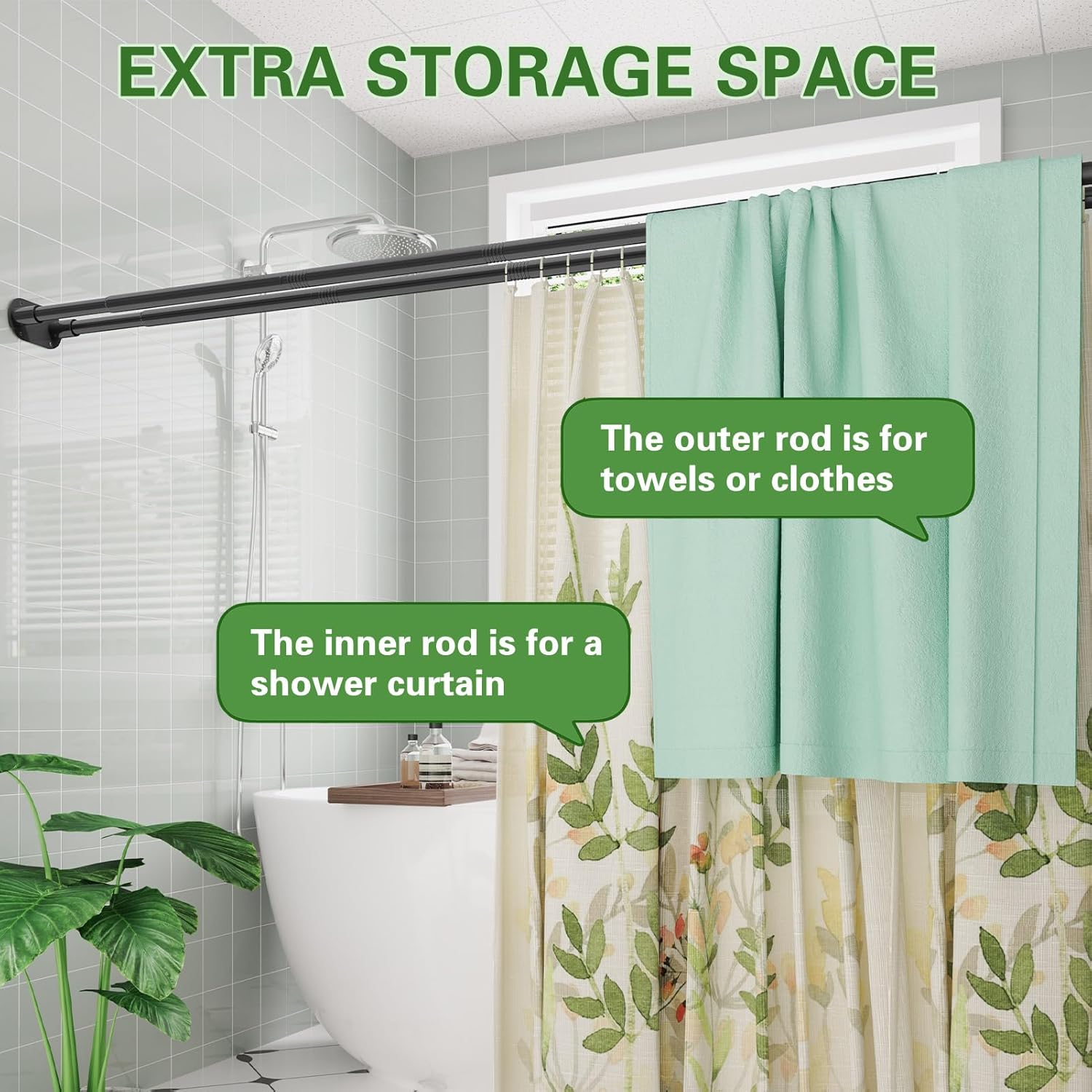 Double Shower Curtain Rod, Adjustable 28 to 76 Inches Wall Mounted Double Shower Rod Rustproof, Black Shower Curtain Pole for Bathroom, Laundry Room, Bathtub and more