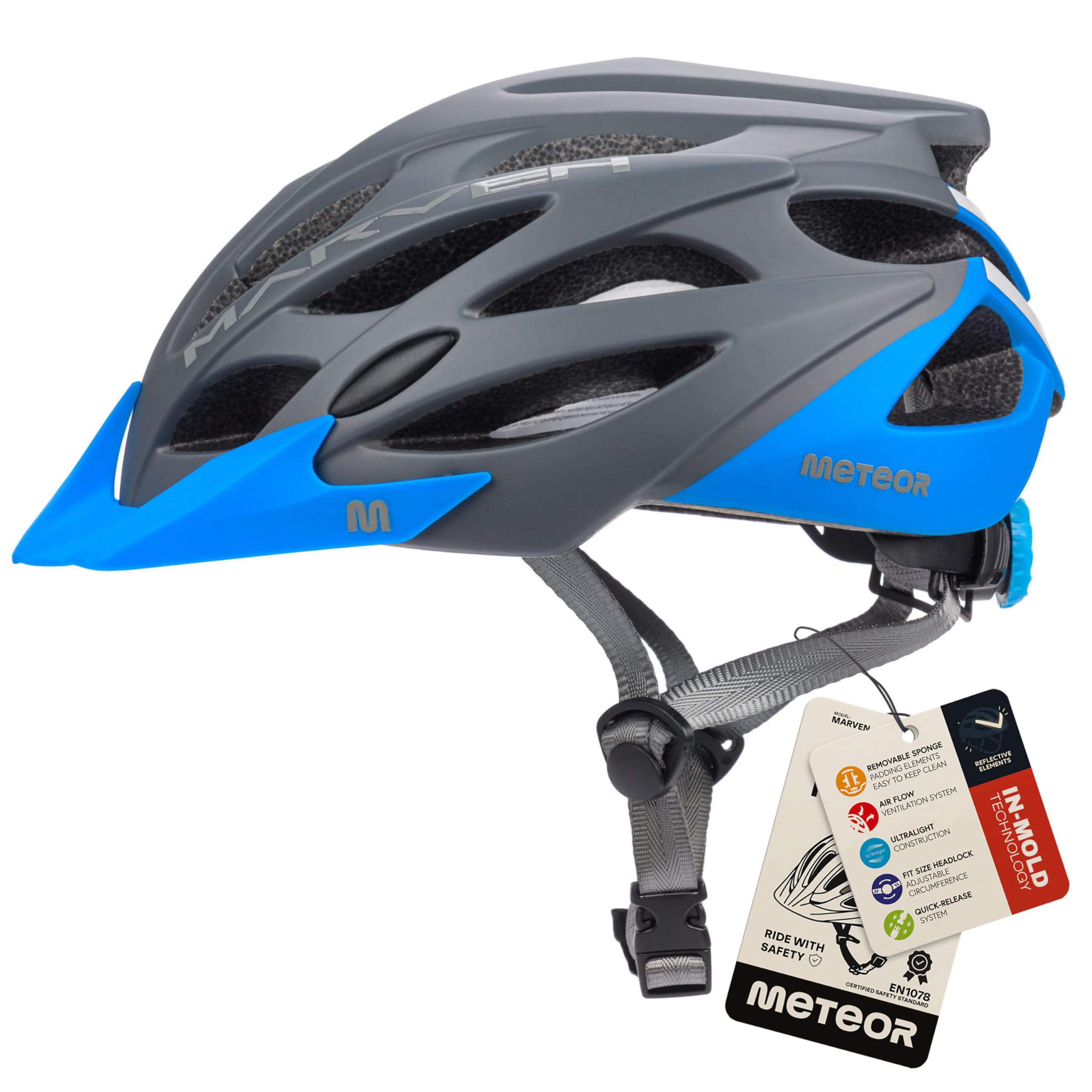 Meteor - MARVEN Cycle Helmet – Lightweight Adjustable Helmet for Men, Women, Kids – MTB, Bike, Scooter, Skateboard & Hoverboard – Breathable with Detachable Visor - Size M - Grey/Blue — image 1