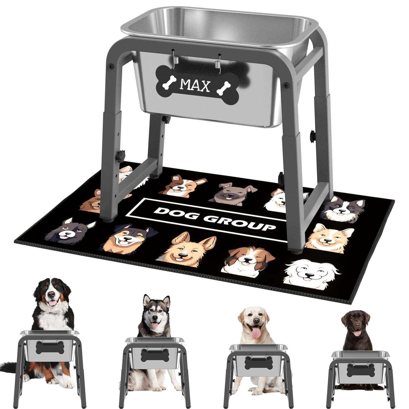 Cuenco elevado de agua para perros de 7 L, altura ajustable (13-17 pulgadas), cuenco elevado de acero inoxidable con alfombrilla a prueba de derrames y soporte de metal resistente, a prueba de puntas