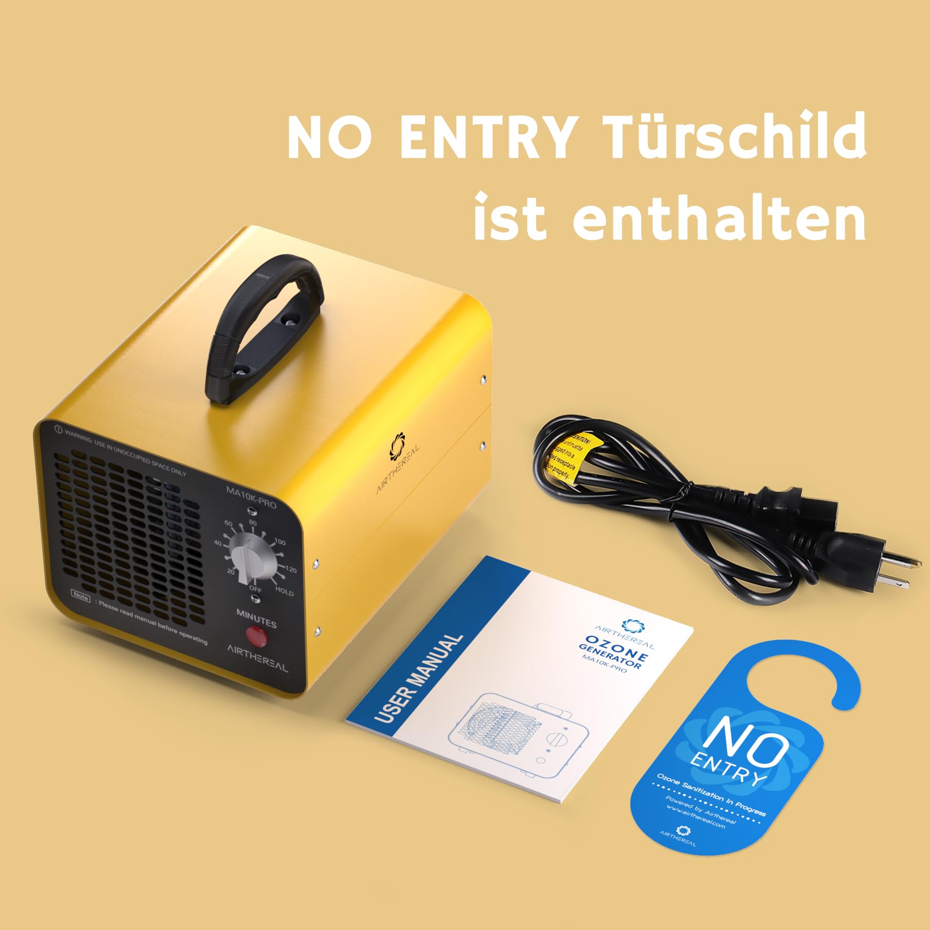 AIRTHEREAL MA10K-PRO Industrieller Ozongenerator 10.000mg/h – Professioneller O3 Geruchskiller mit Timer – Ozongerät für Keller, Auto, Rauch & Renovierung – Gelb