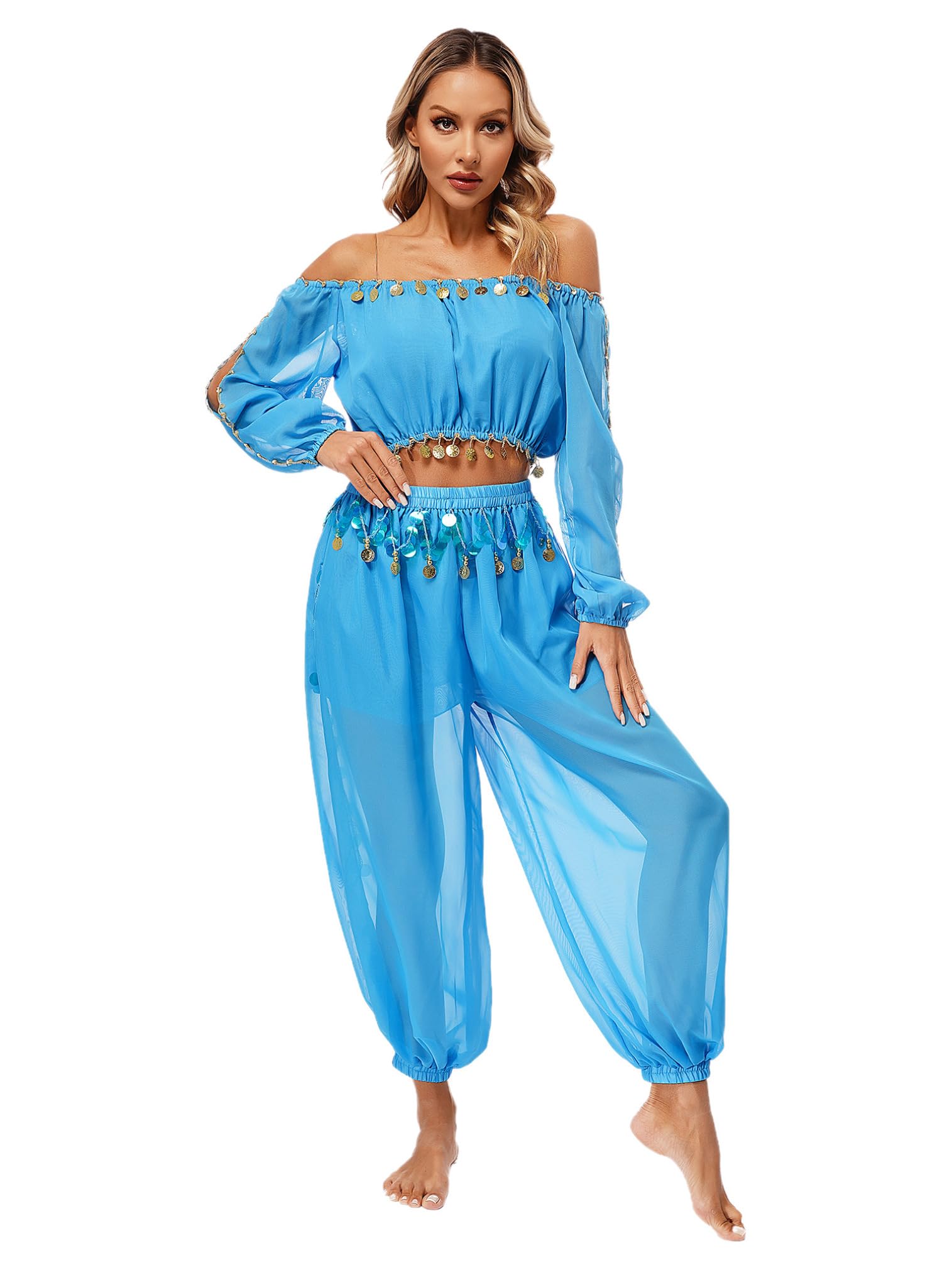 easyforever Women's Belly Dance Costume Split Puff Sleeve Crop Top Harem Pants Dance Outfits Light Blue One Size