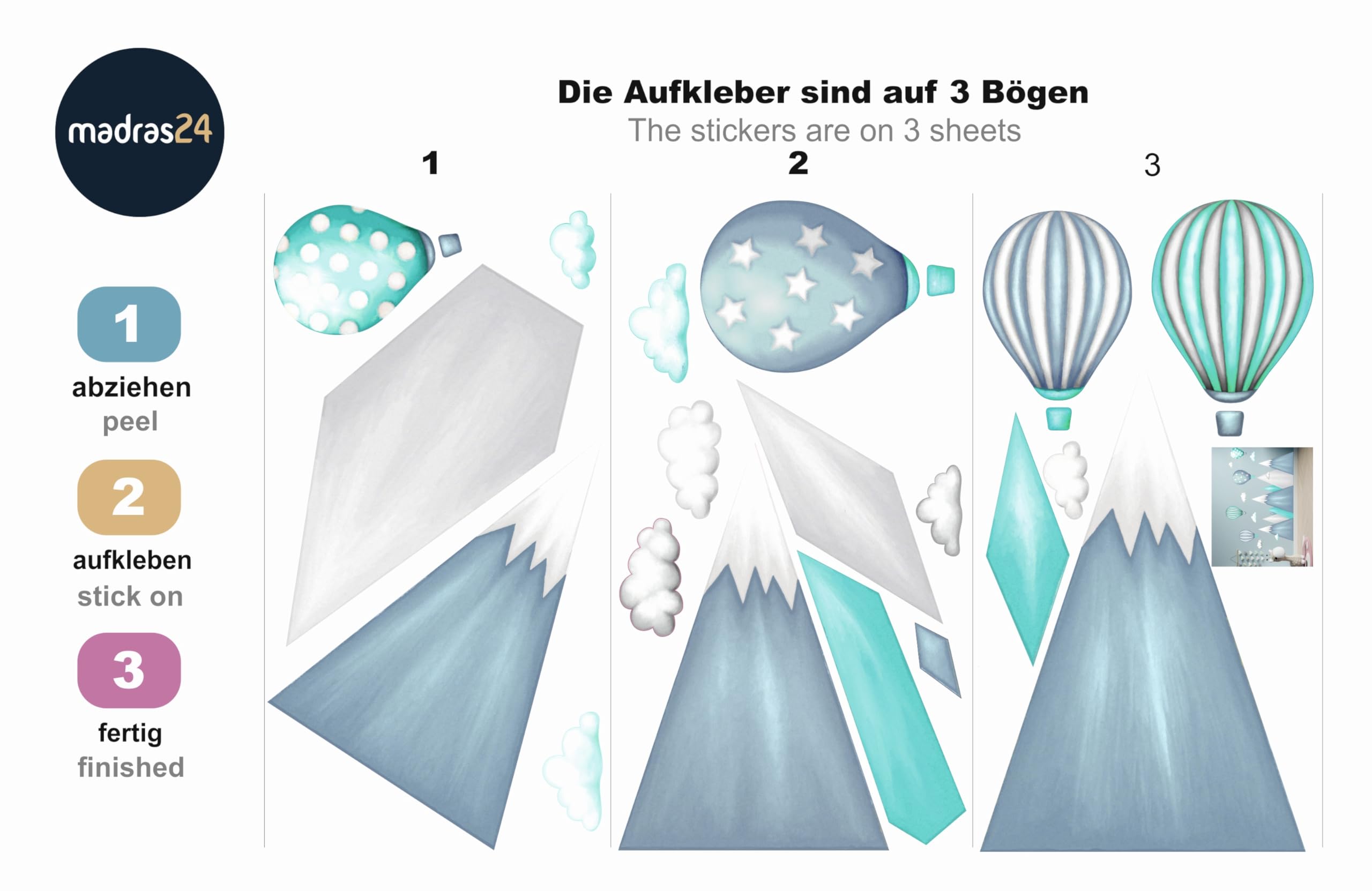 wandtattoo kinderzimmer berge Nordic Bergen Aufkleber Wandaufkleber Kind Baby Kindergarten Zimmer Gebirge luftballons Ballons Ballon Wolken Wolke Landschaft Wanddeko Baby Kinder Sticker G22XL