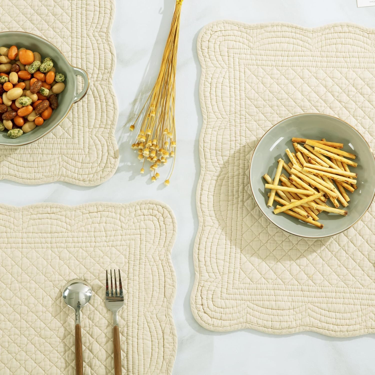 HOMBYS Quilted Placemats Set of 8 Washable-Rectangular Placemats for Kitchen Table-100% Cotton Fabric Rectangular Table Mats-Cotton, (Flax)
