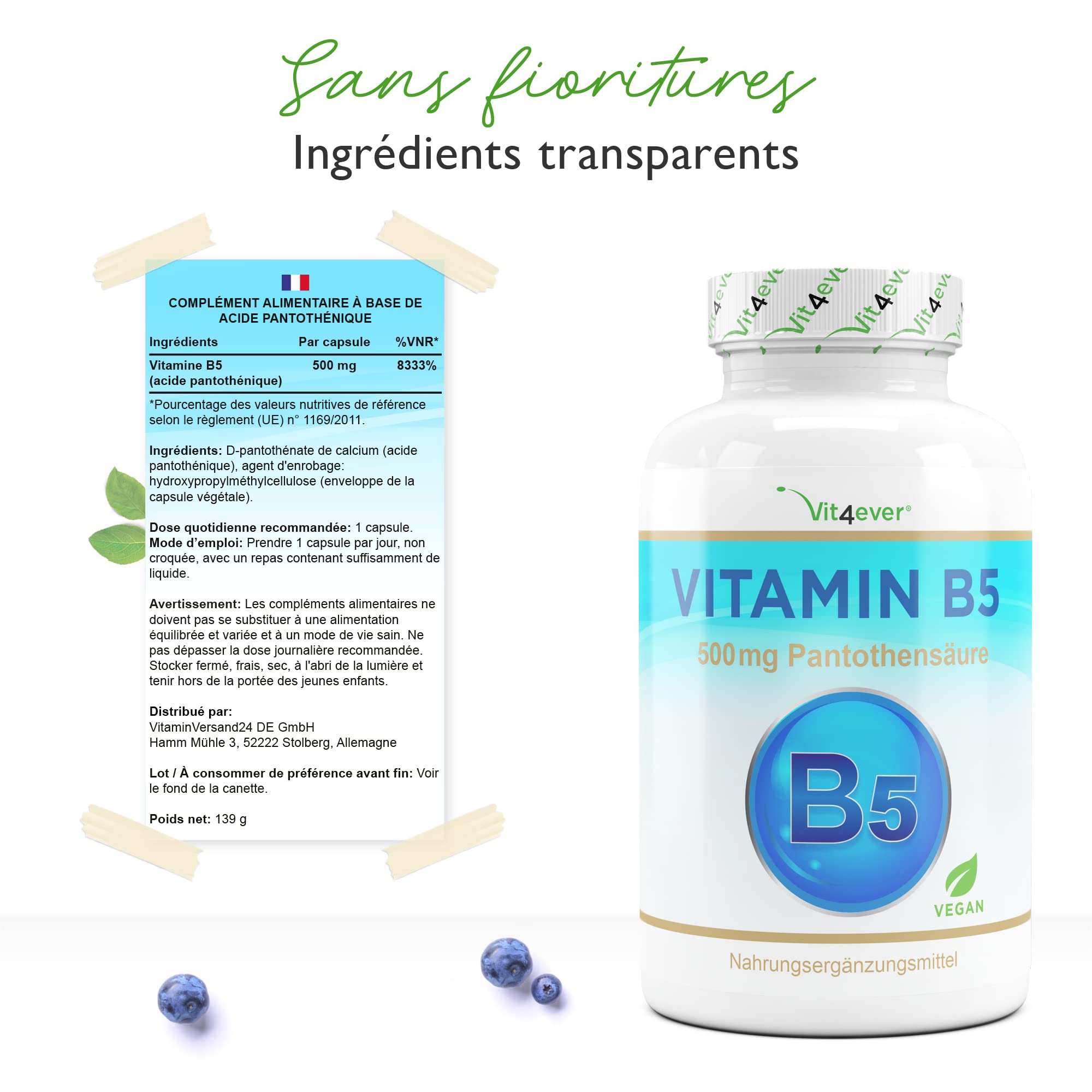 Vitamine B5 avec 500 mg - 180 Capsules - Acide pantothénique - Hautement dosé - Vegan - Vitamine B pour la peau et les nerfs