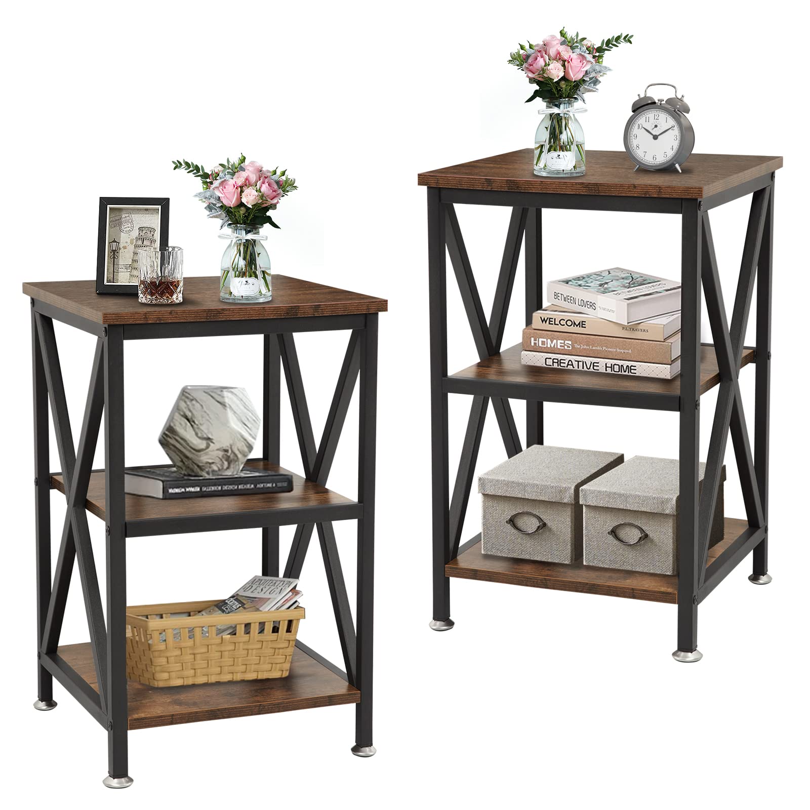End Tables Living Room Set of 2 Farmhouse, Side Table with Storage Shelf, 16" W x 12" D x 24" H, X-Shaped Night Stands for Bedrooms, Espresso Side Table, End Tables Wood and Metal