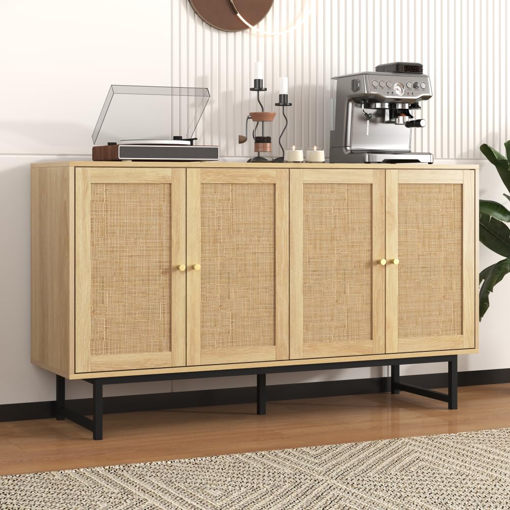 Credenza 140 x 39,5 x 80 cm con vero rattan intrecciato, armadio buffet a 4 ante per soggiorno, sala da pranzo, corridoio