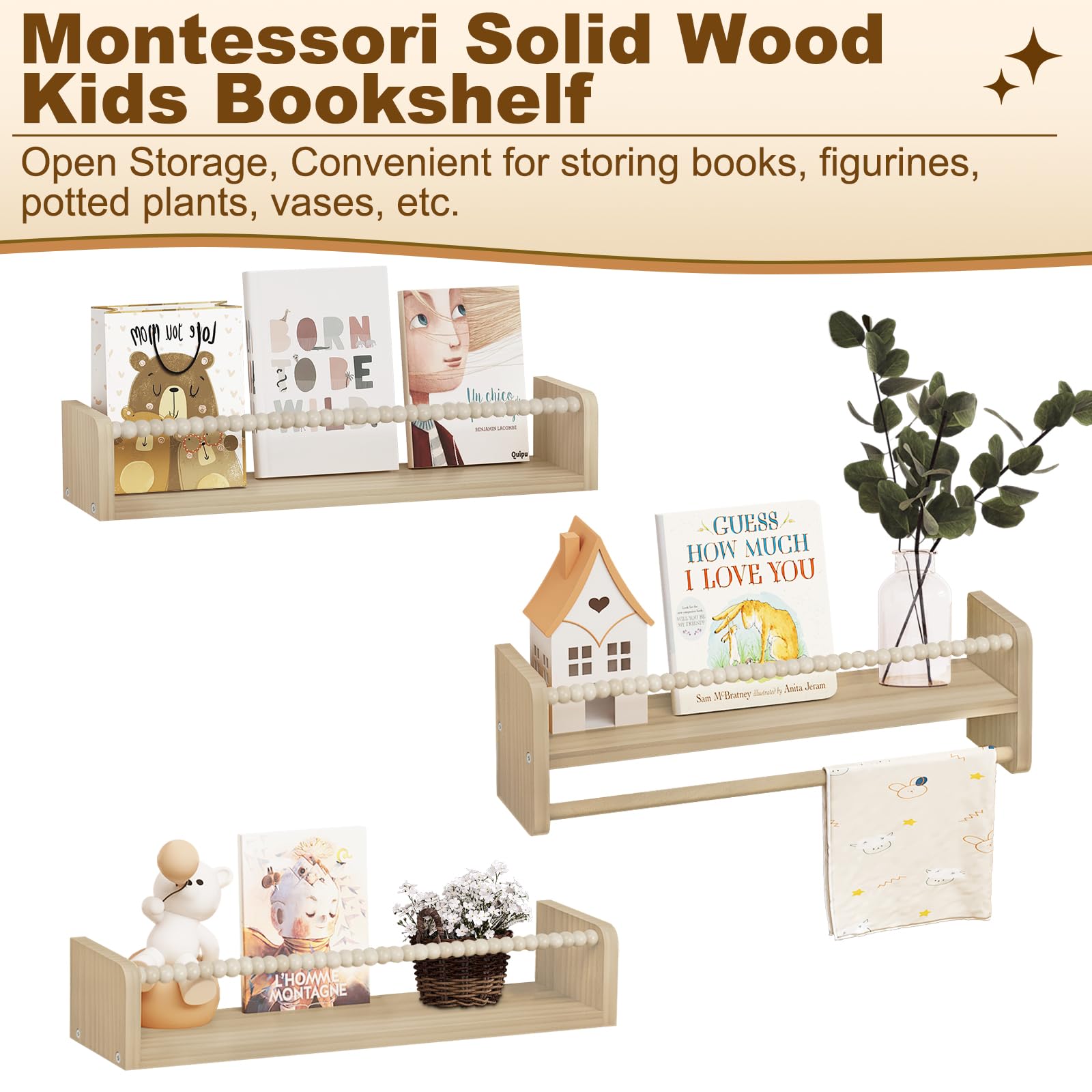 WOLTU Boekenkasten voor kinderen aan de muur van massief hout, 60 cm